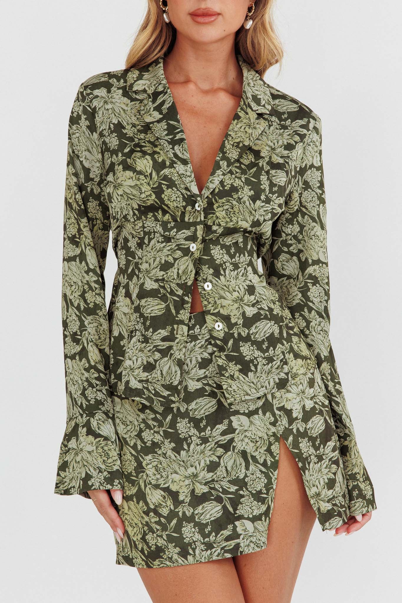 Caledonia Collared Button-Up Satin Shirt Floral Olive by Selfie Leslie Australia