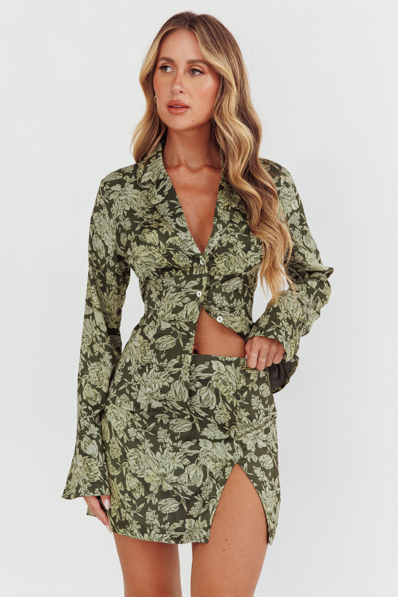 Caledonia Collared Button-Up Satin Shirt Floral Olive by Selfie Leslie Australia