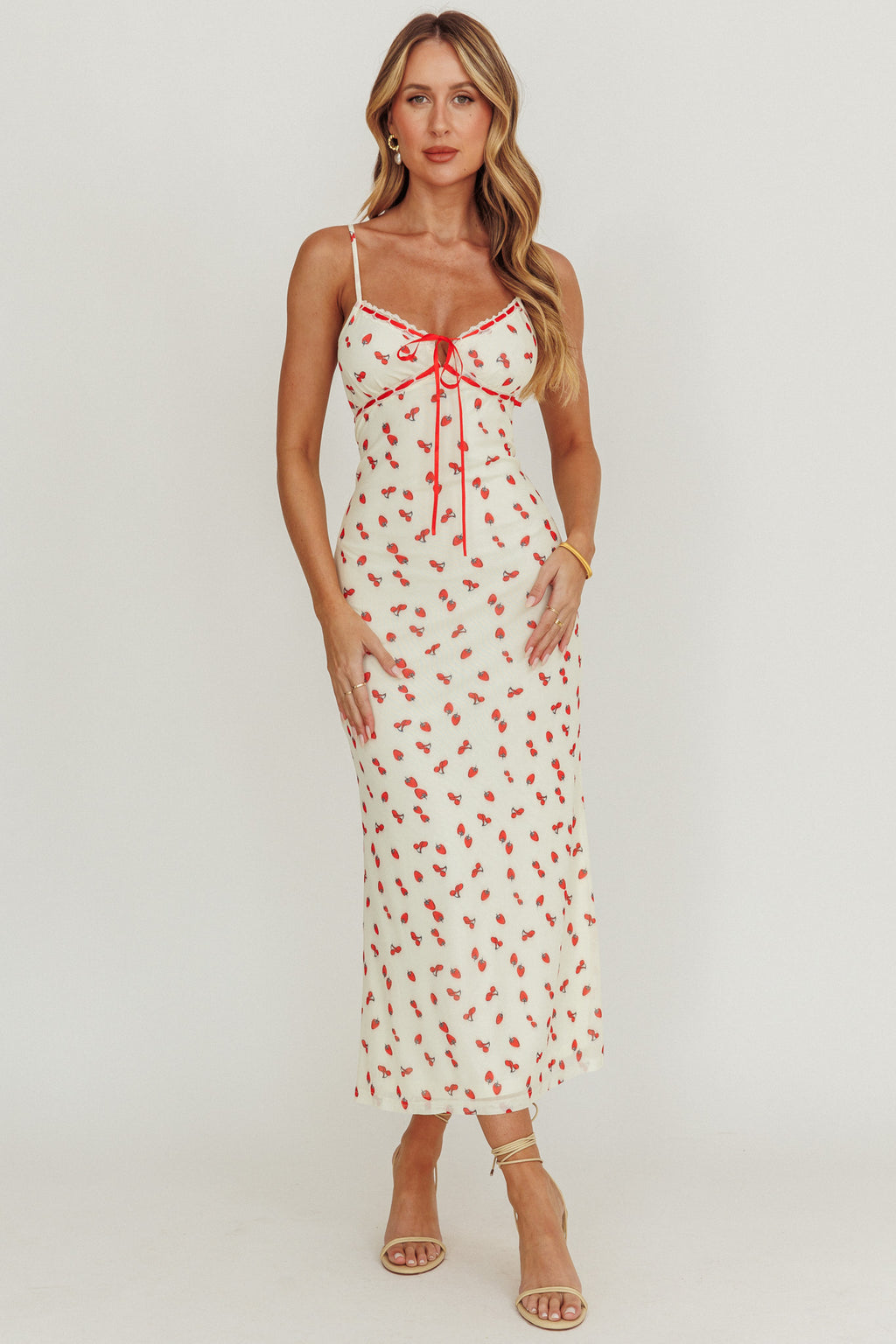 Heart Ablaze Strawberry Cherry Print Midi Dress Cream by Selfie Leslie Australia