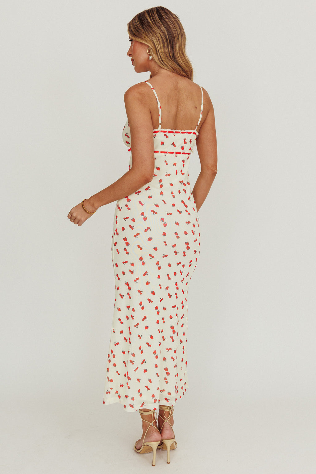 Heart Ablaze Strawberry Cherry Print Midi Dress Cream by Selfie Leslie Australia