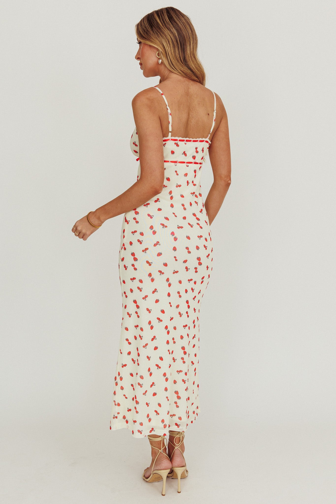 Heart Ablaze Strawberry Cherry Print Midi Dress Cream by Selfie Leslie Australia