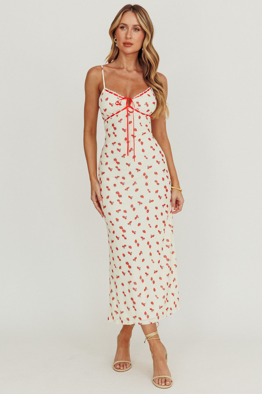 Heart Ablaze Strawberry Cherry Print Midi Dress Cream by Selfie Leslie Australia