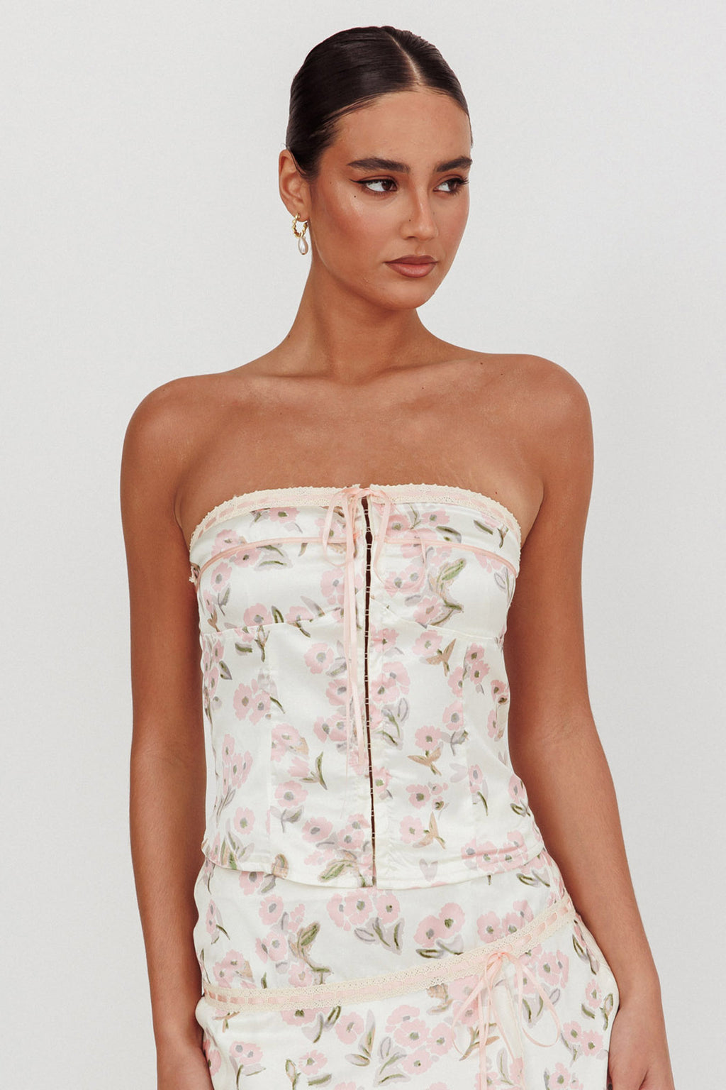 Tiya Strapless Ribbon Top Floral Pink by Selfie Leslie Australia