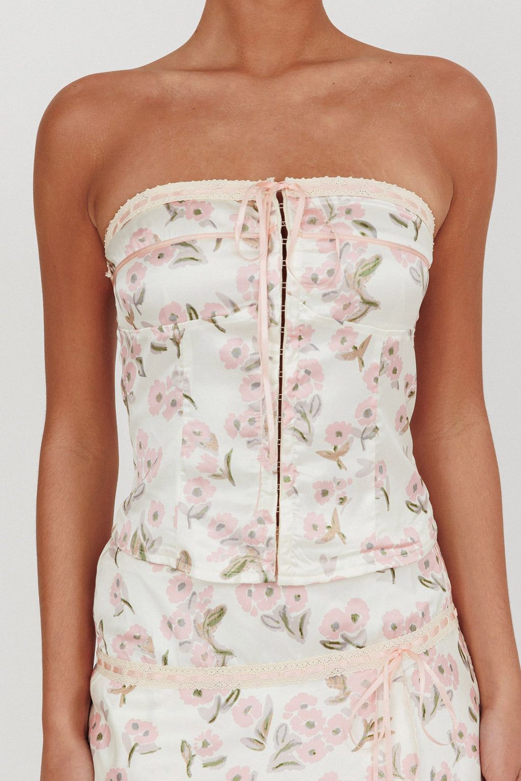 Tiya Strapless Ribbon Top Floral Pink by Selfie Leslie Australia