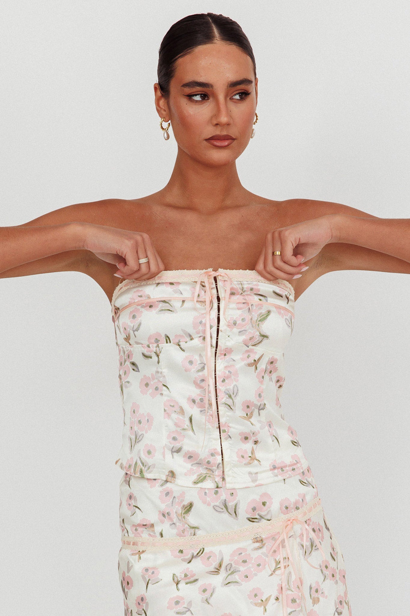 Tiya Strapless Ribbon Top Floral Pink by Selfie Leslie Australia