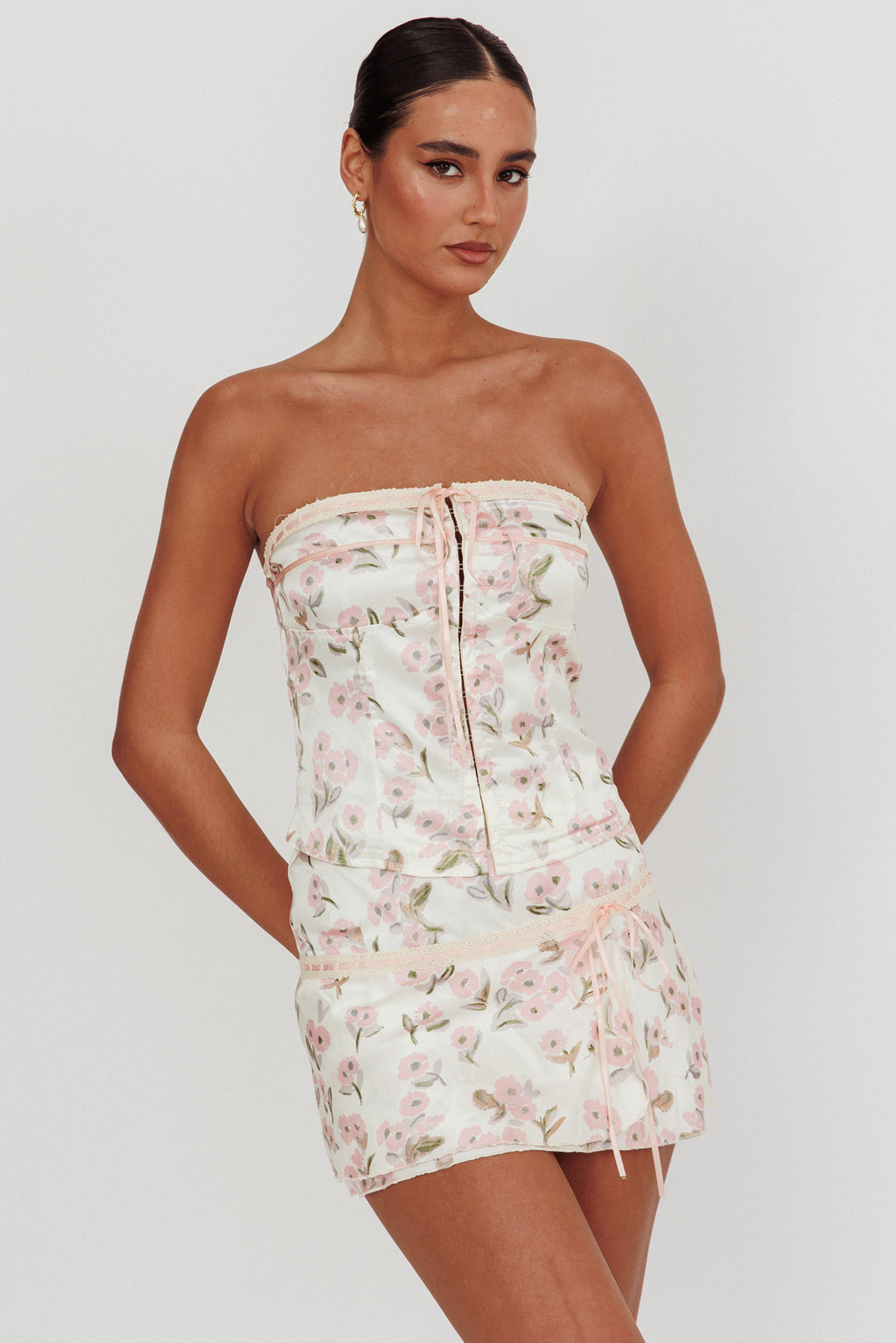 Tiya Lace Trim Mini Skirt Floral Pink by Selfie Leslie Australia