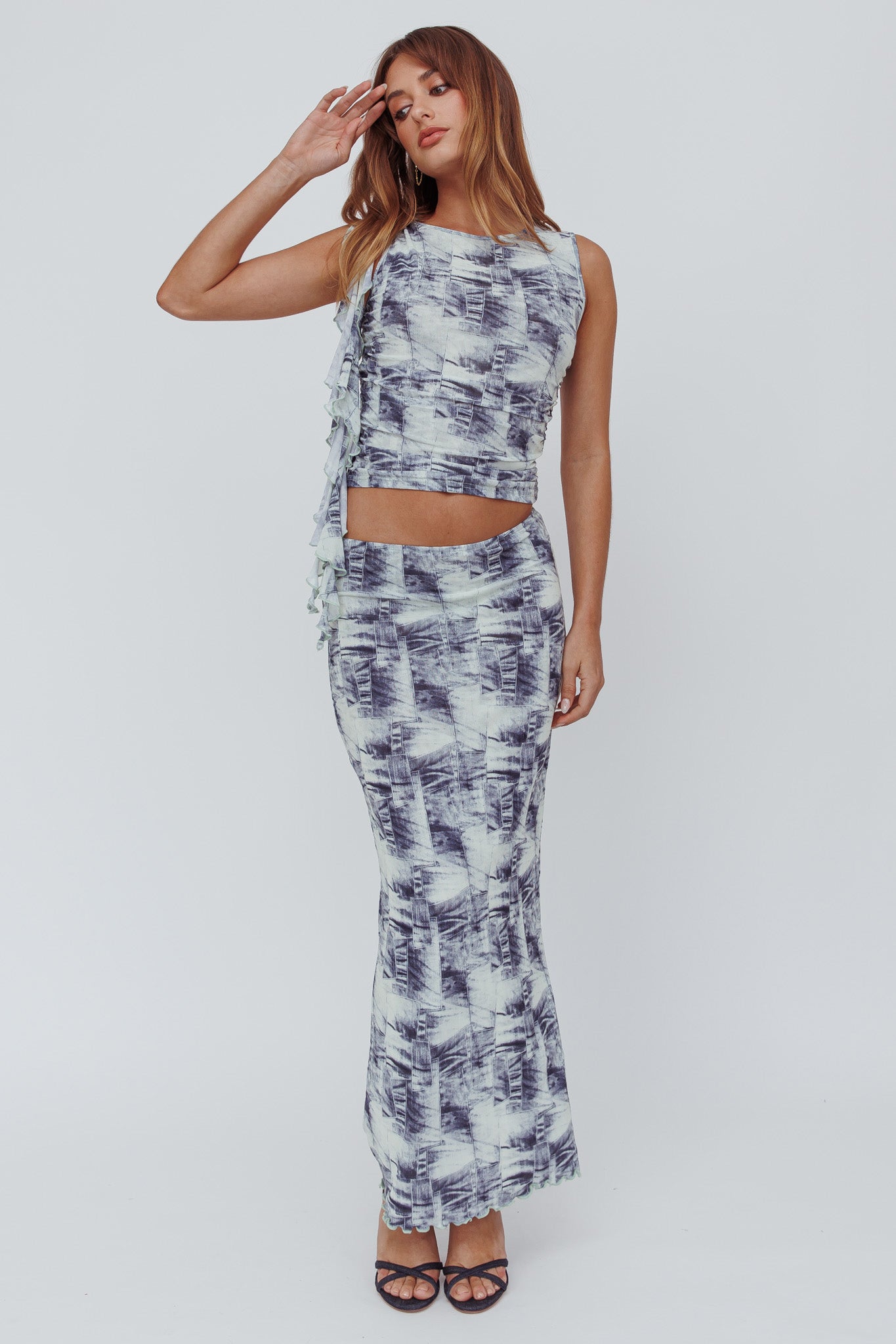 Conspire Print Maxi Skirt Blue Denim by Selfie Leslie Australia