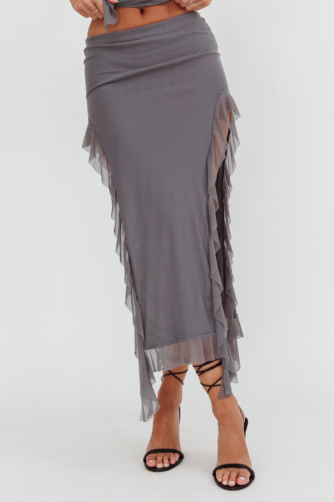 Hallucination Side Split Ruffle Midi Skirt Cement by Selfie Leslie Australia
