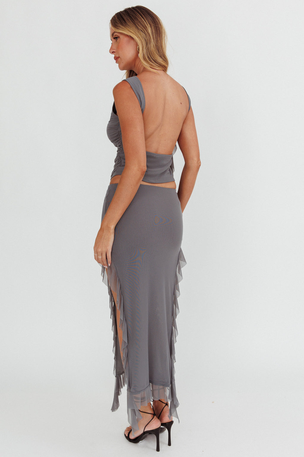 Hallucination Side Split Ruffle Midi Skirt Cement by Selfie Leslie Australia