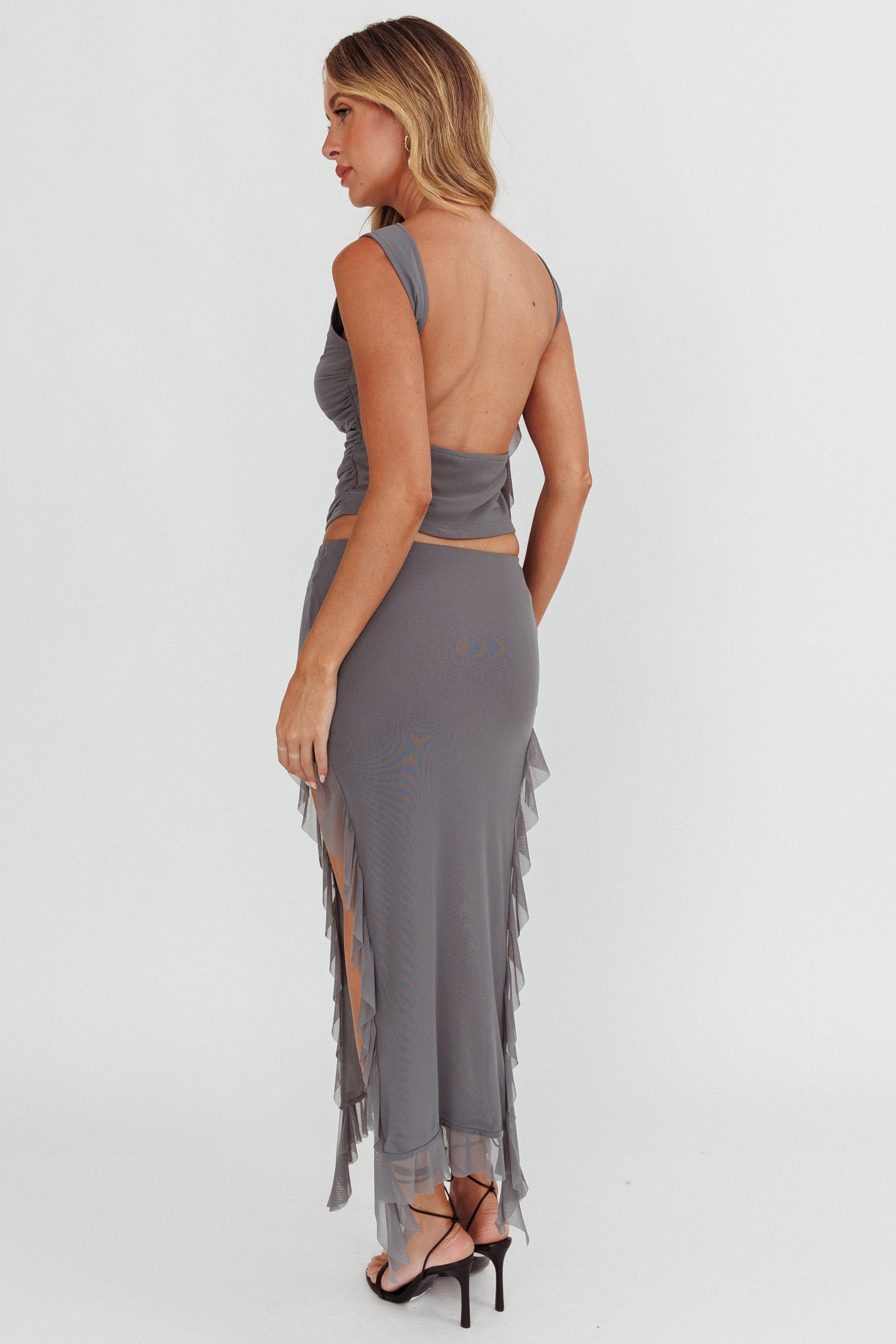 Hallucination Side Split Ruffle Midi Skirt Cement by Selfie Leslie Australia