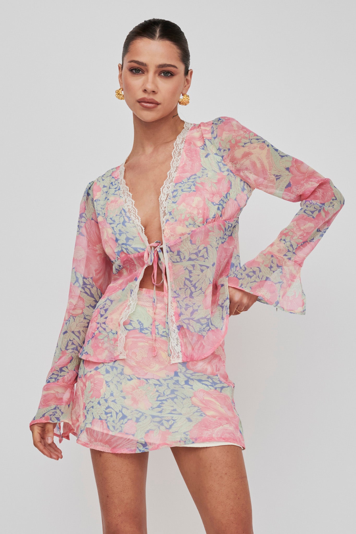 Sincerity Long Sleeve Tie Front Top Print Blue by Selfie Leslie Australia