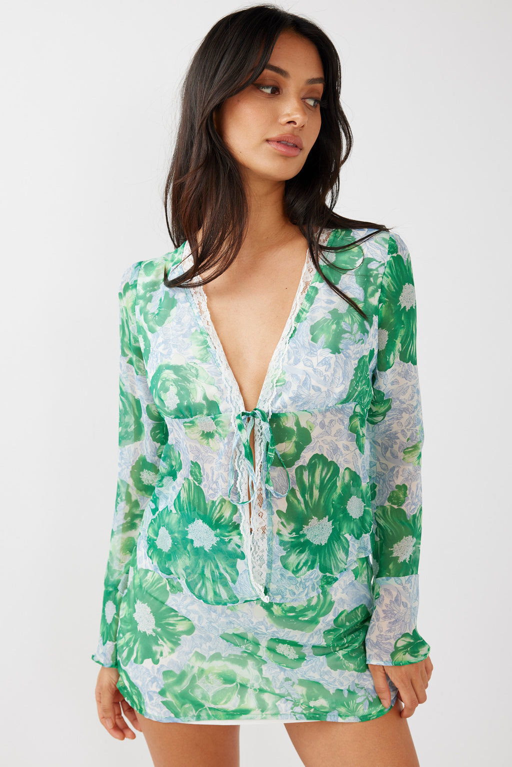 Sincerity Long Sleeve Tie Front Top Print Green by Selfie Leslie Australia