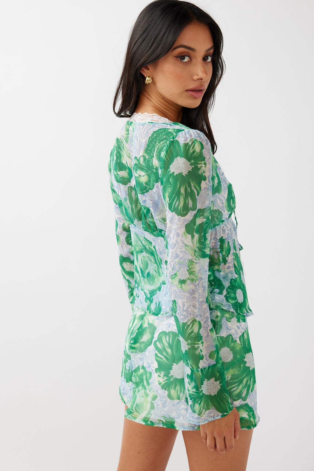 Sincerity Long Sleeve Tie Front Top Print Green by Selfie Leslie Australia