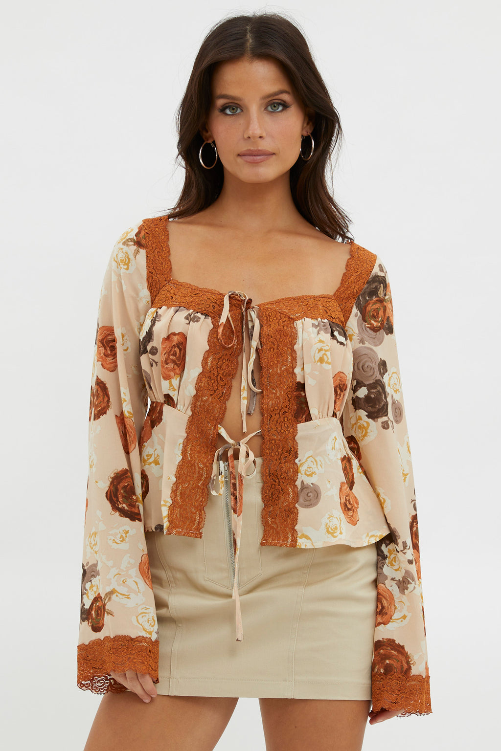 Moxie Tie Front Lace Trim Top Brown by Selfie Leslie Australia