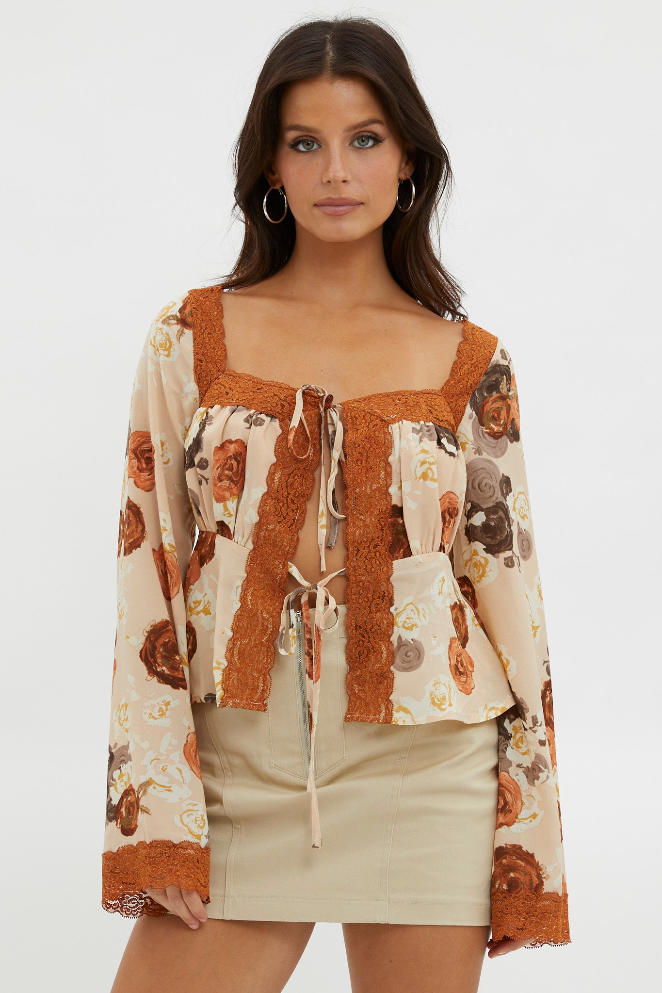 Moxie Tie Front Lace Trim Top Brown by Selfie Leslie Australia
