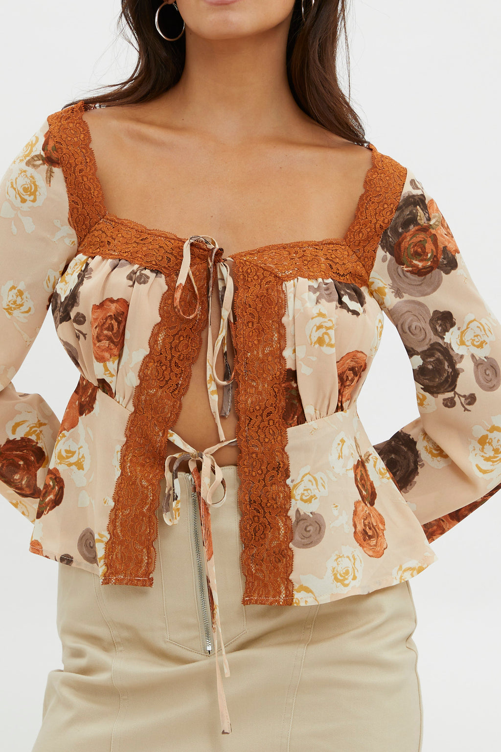 Moxie Tie Front Lace Trim Top Brown by Selfie Leslie Australia