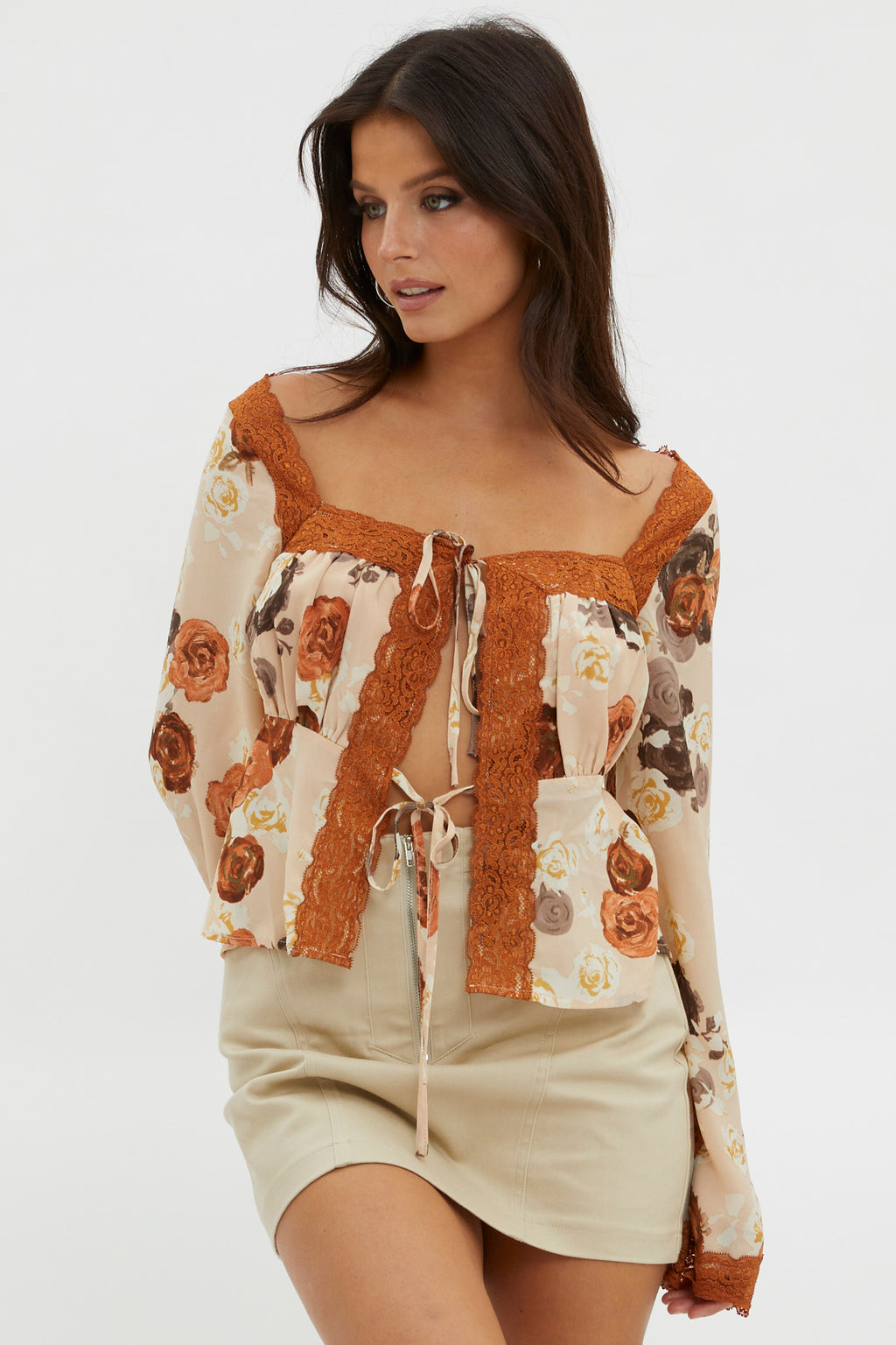 Moxie Tie Front Lace Trim Top Brown by Selfie Leslie Australia