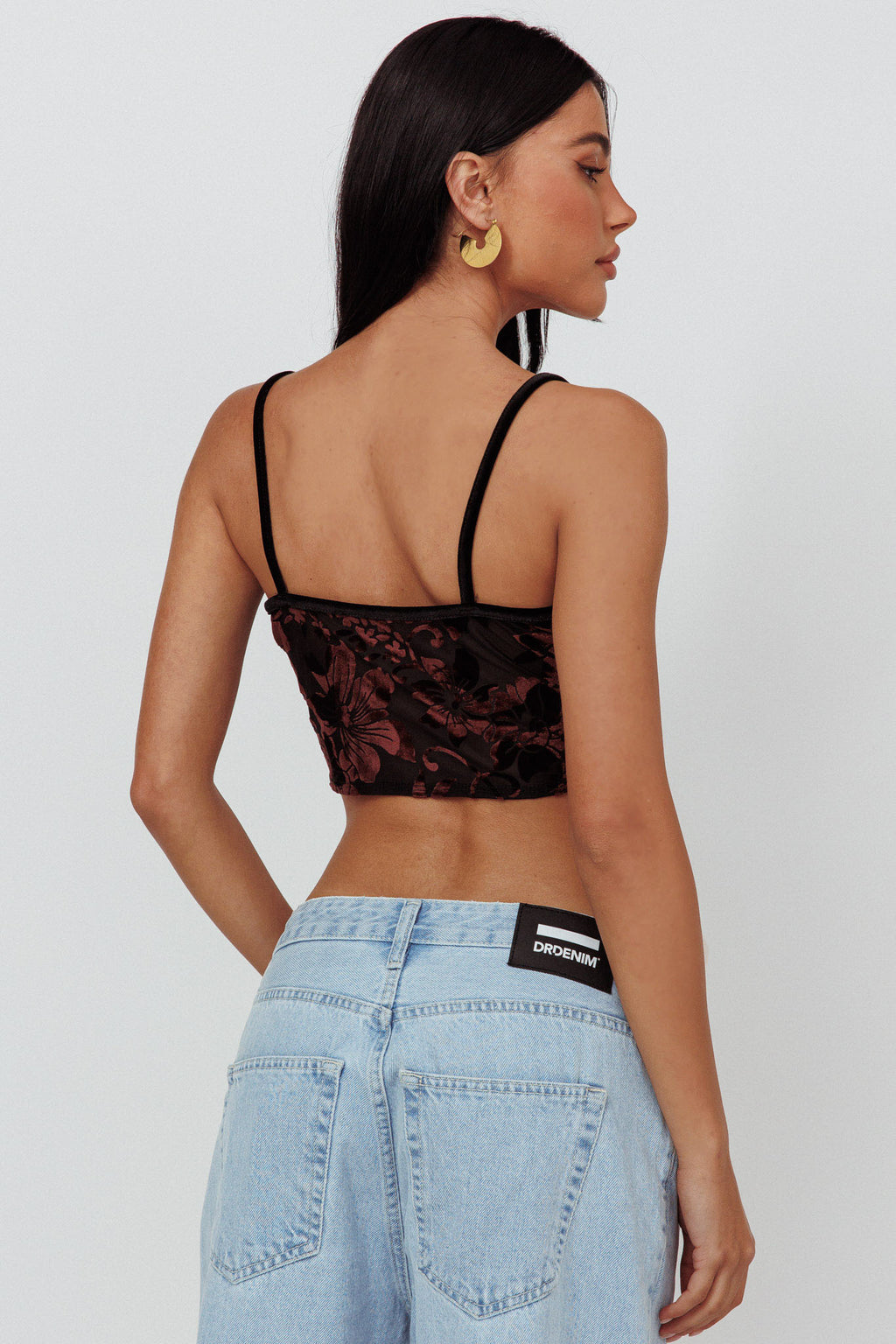 Caught Feelings Floral Velour Crop Top Black/Brown by Selfie Leslie Australia