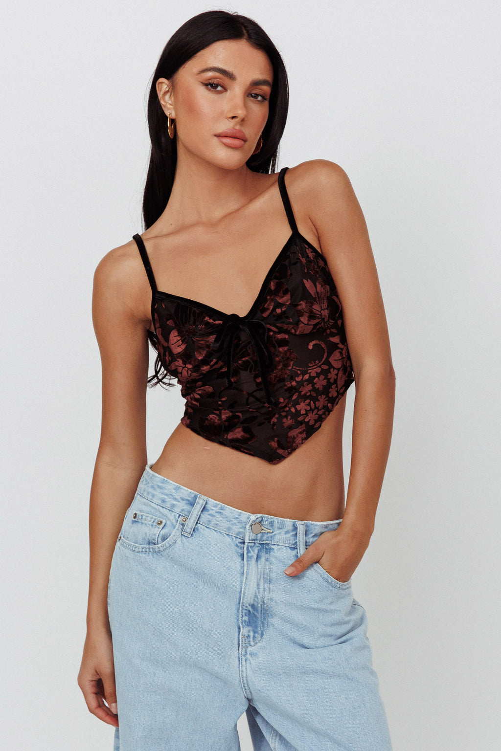 Caught Feelings Floral Velour Crop Top Black/Brown by Selfie Leslie Australia