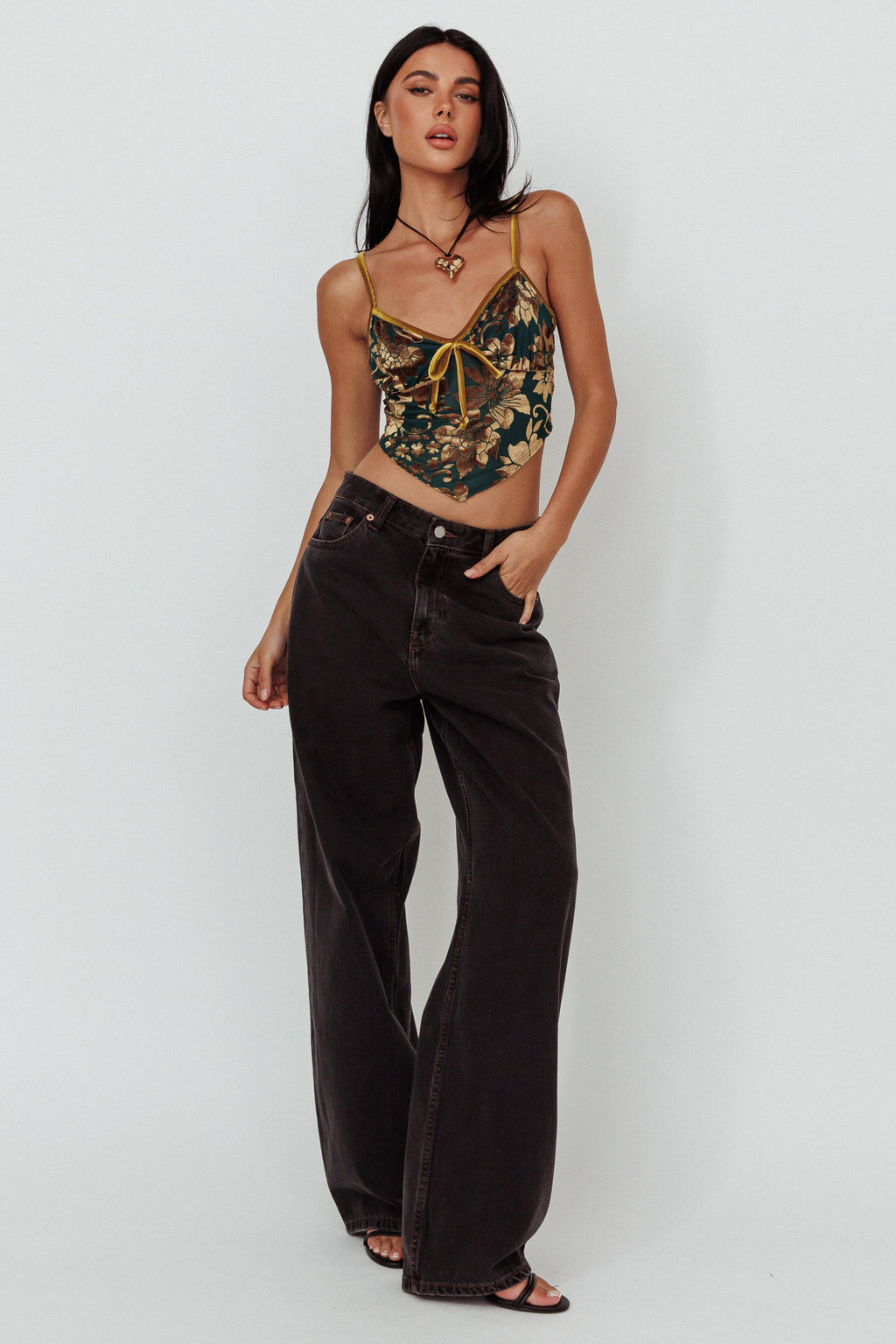 Caught Feelings Floral Velour Crop Top Green/Gold by Selfie Leslie Australia