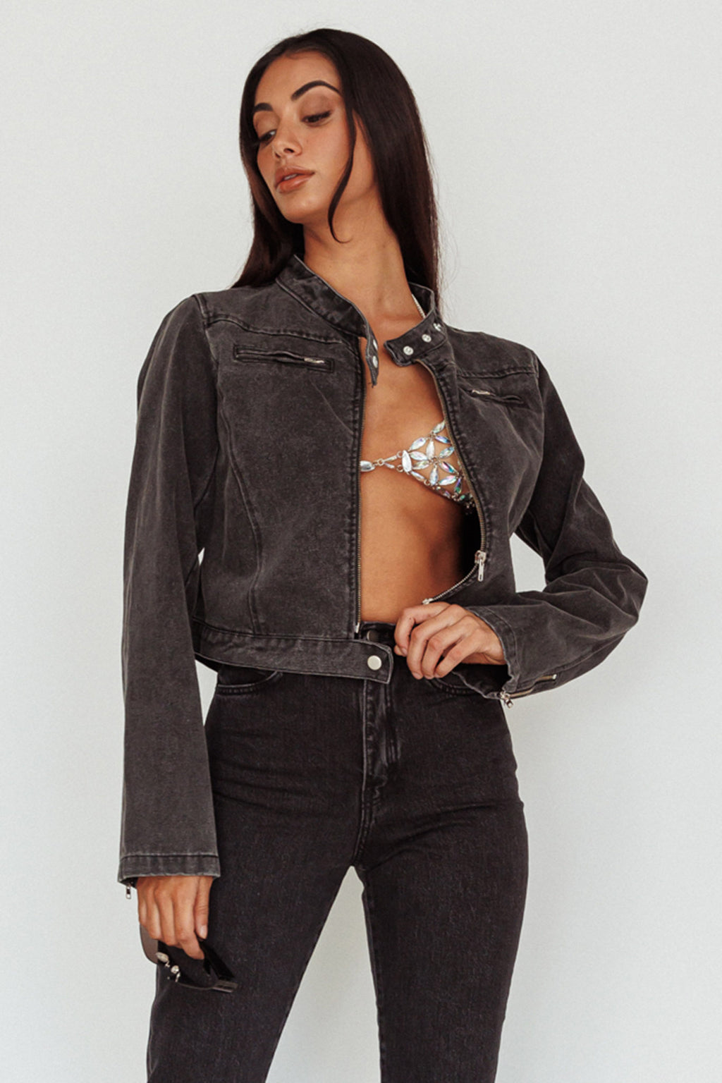 Girona Zipper Jacket Black Denim by Selfie Leslie Australia