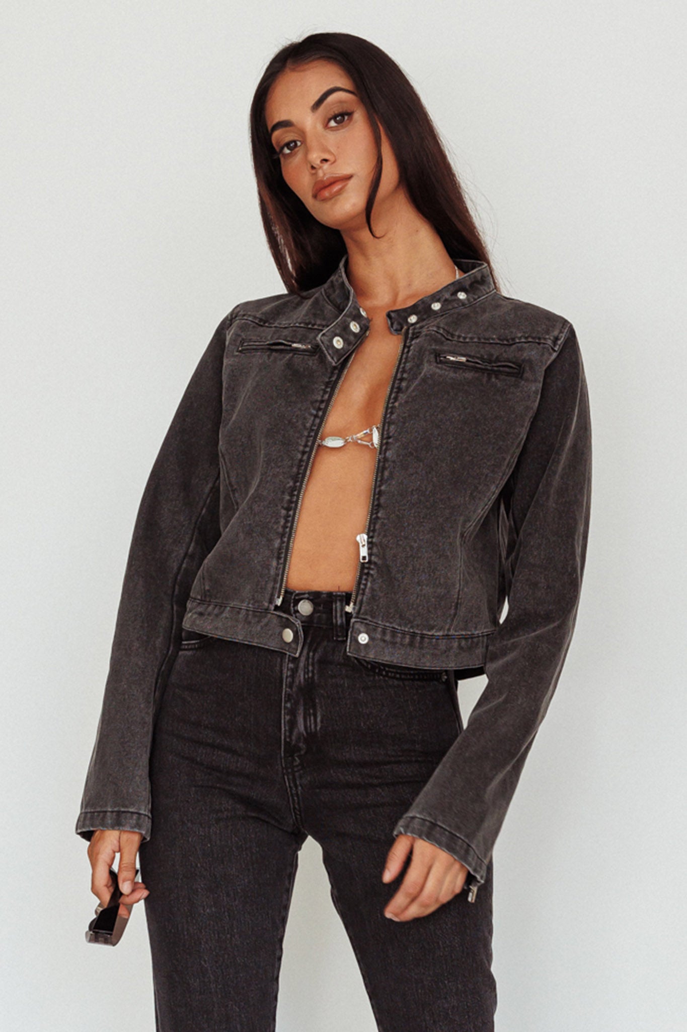 Girona Zipper Jacket Black Denim by Selfie Leslie Australia