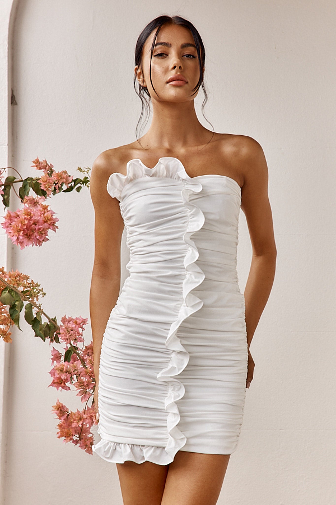 Summer Dawn Ruffle Trim Ruched Mini Dress White by Selfie Leslie Australia
