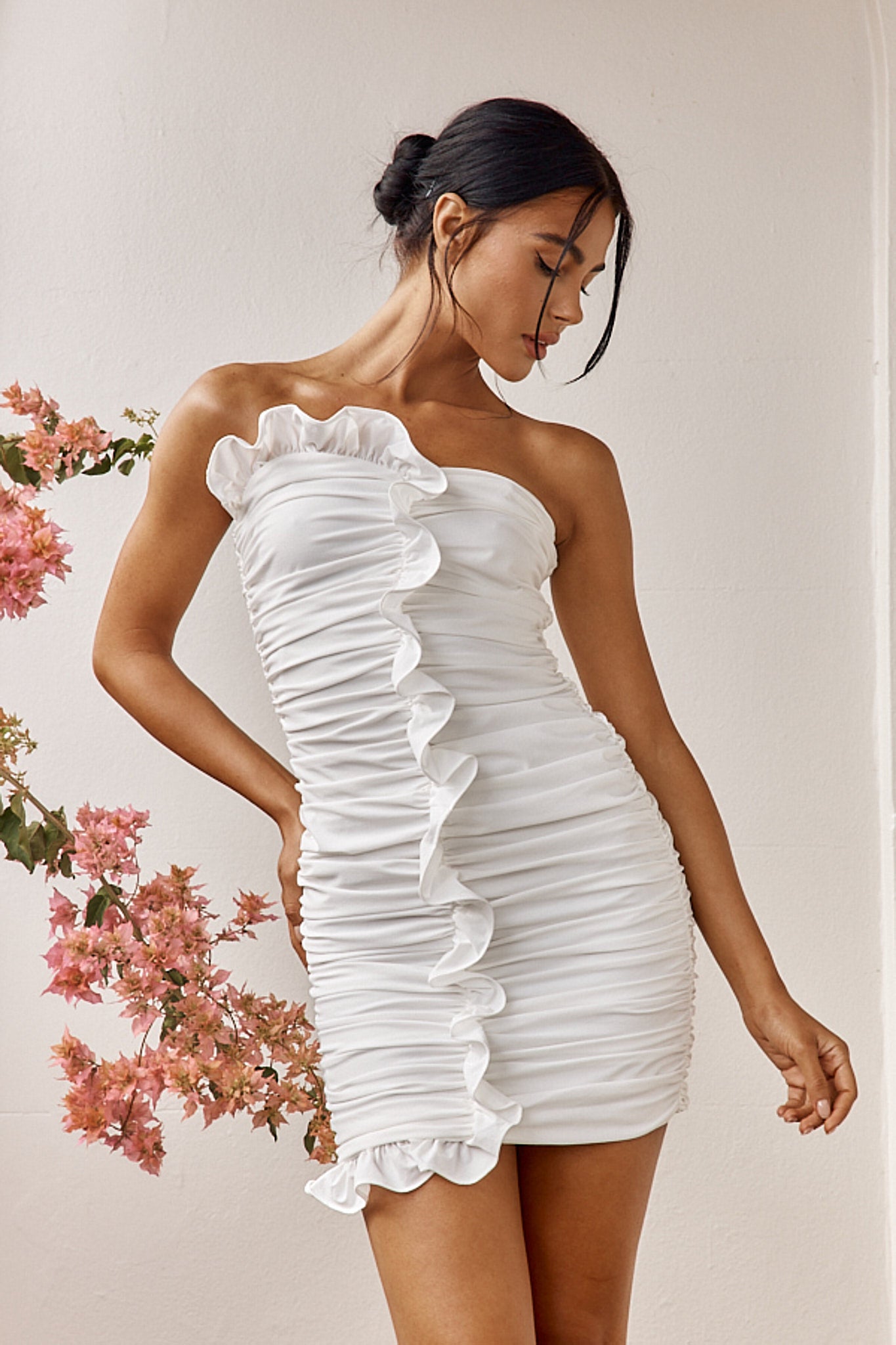 Summer Dawn Ruffle Trim Ruched Mini Dress White by Selfie Leslie Australia