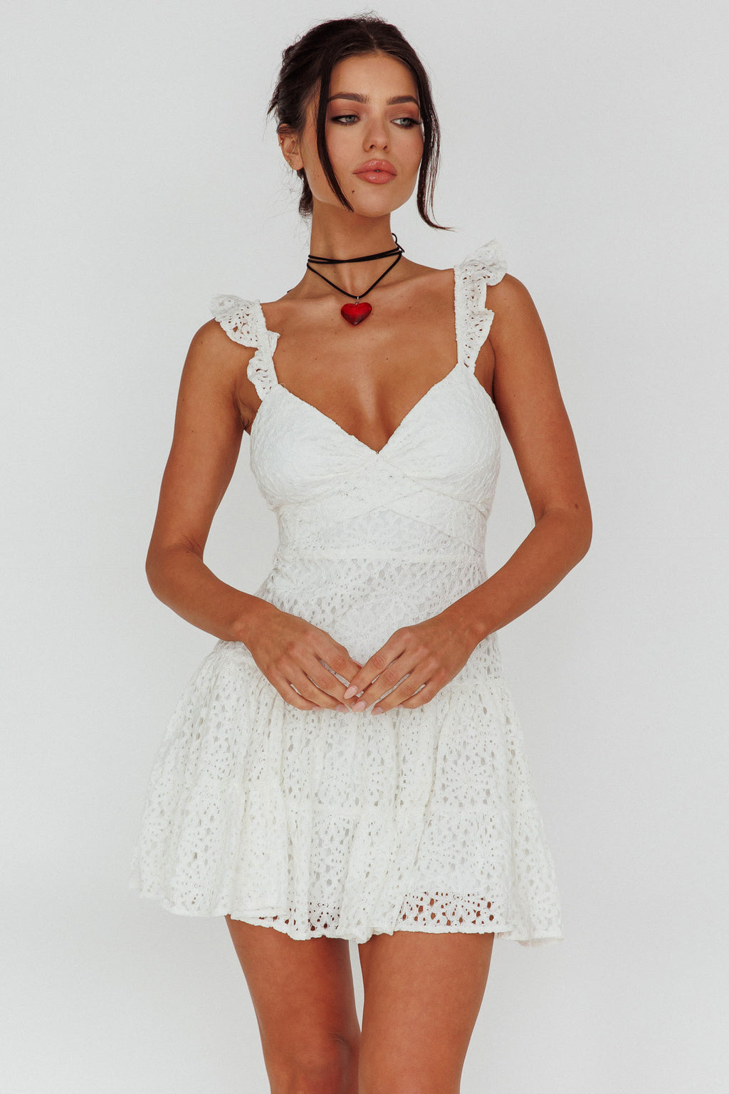 Short Notice Ruffle Strap Lace Mini Dress White by Selfie Leslie Australia