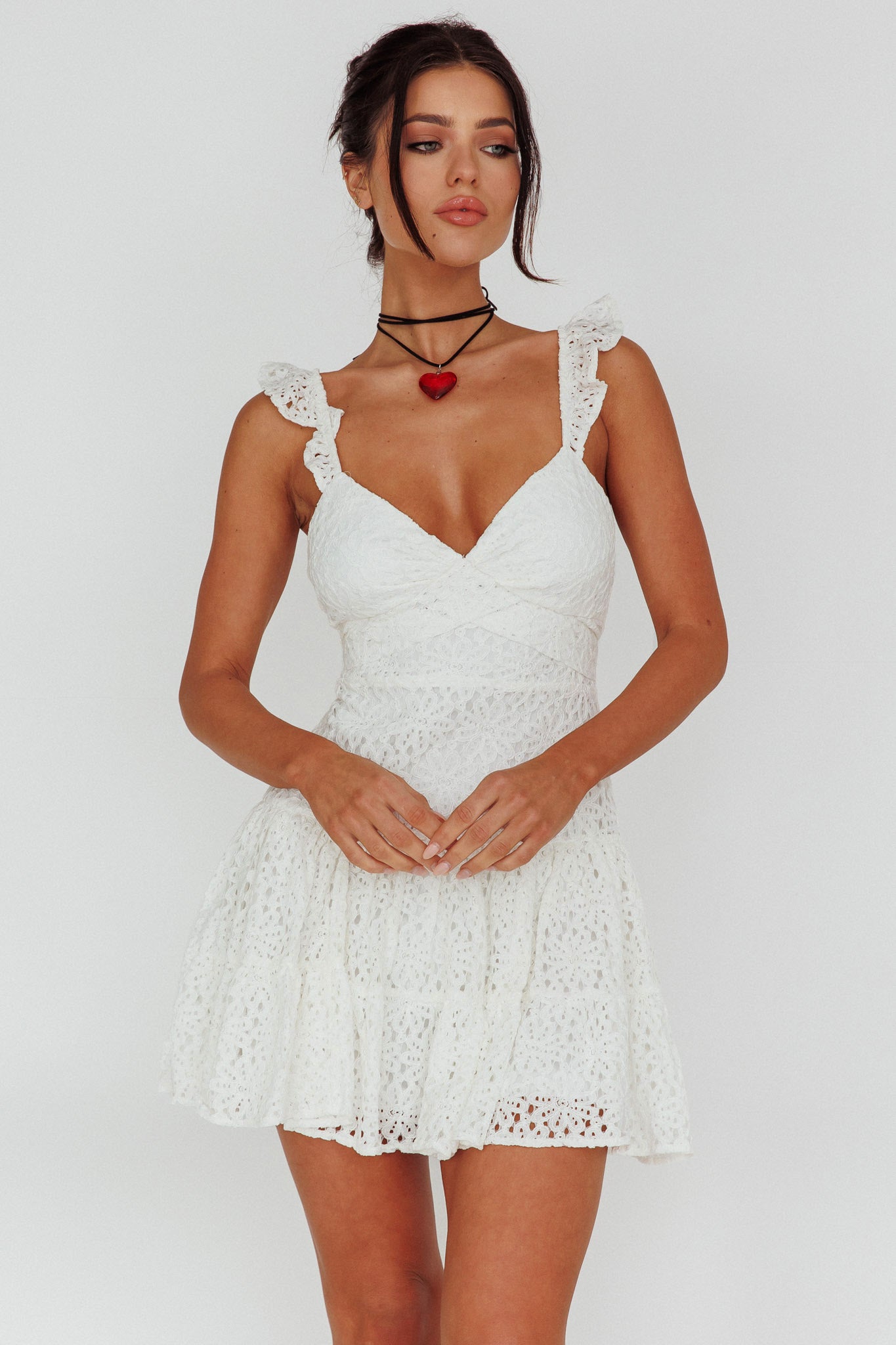 Short Notice Ruffle Strap Lace Mini Dress White by Selfie Leslie Australia