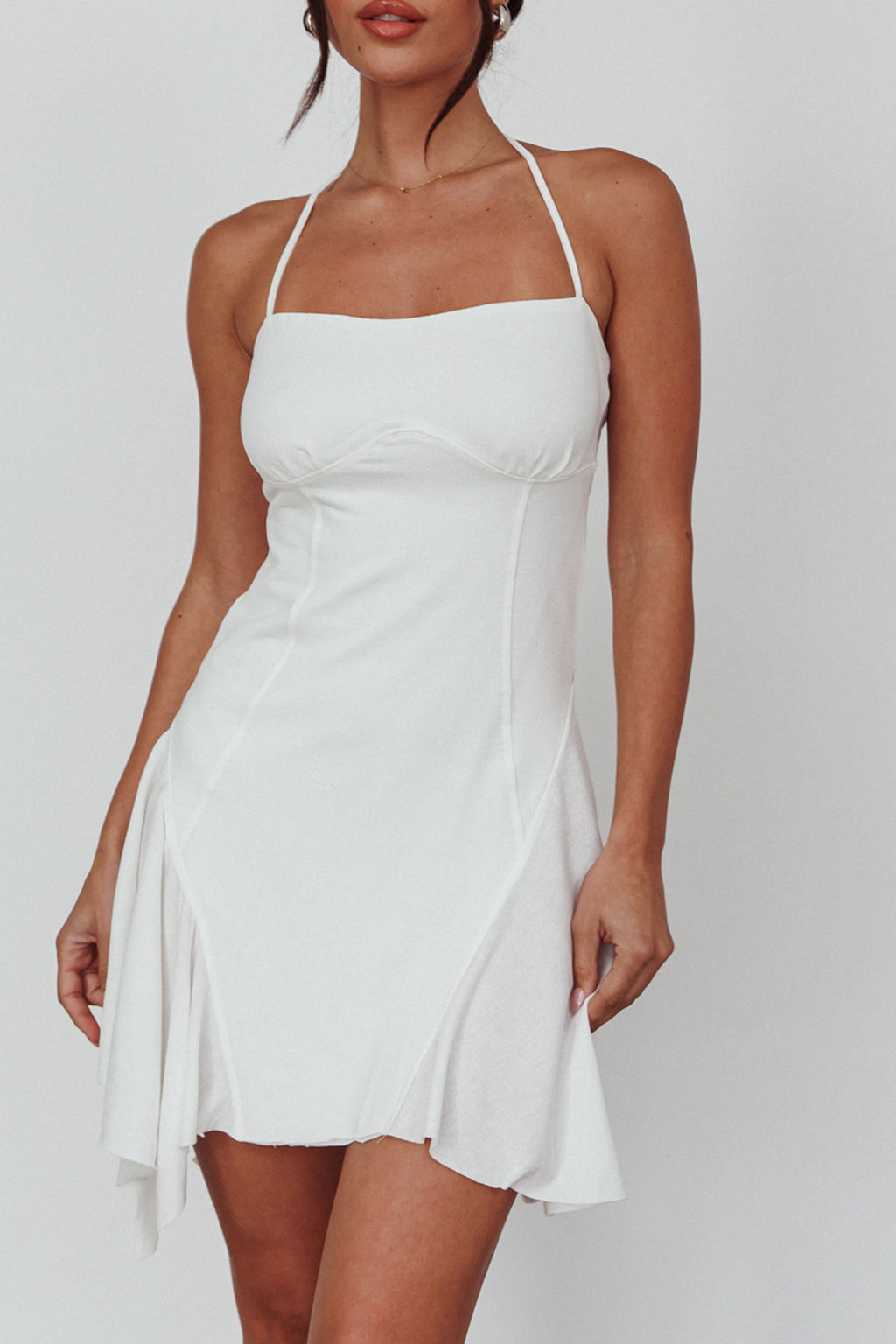 Sidonie Halterneck Godet Hem Mini Dress White by Selfie Leslie Australia