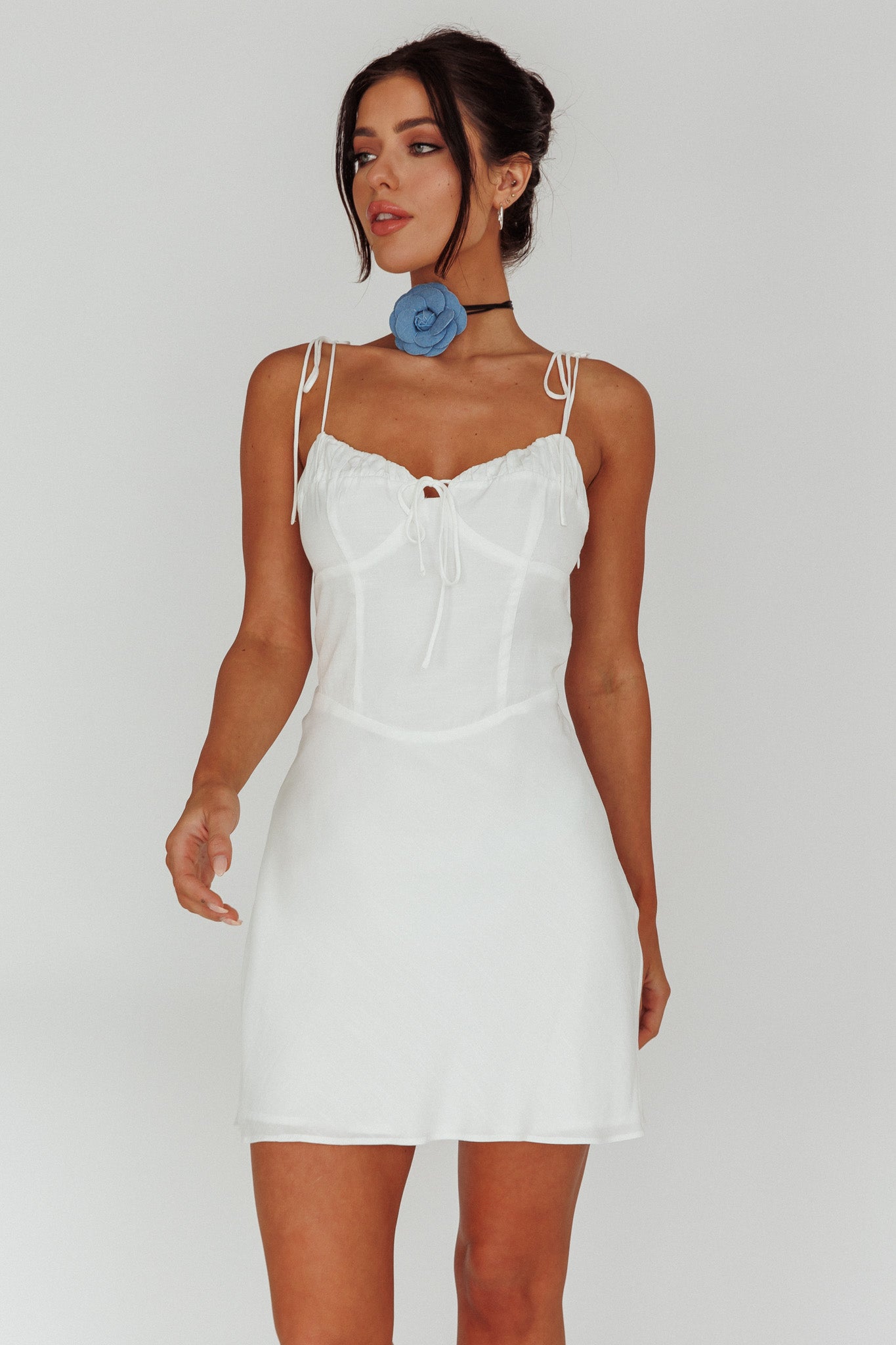 Heavenly Feels Tied Shoulder Mini Dress White by Selfie Leslie Australia