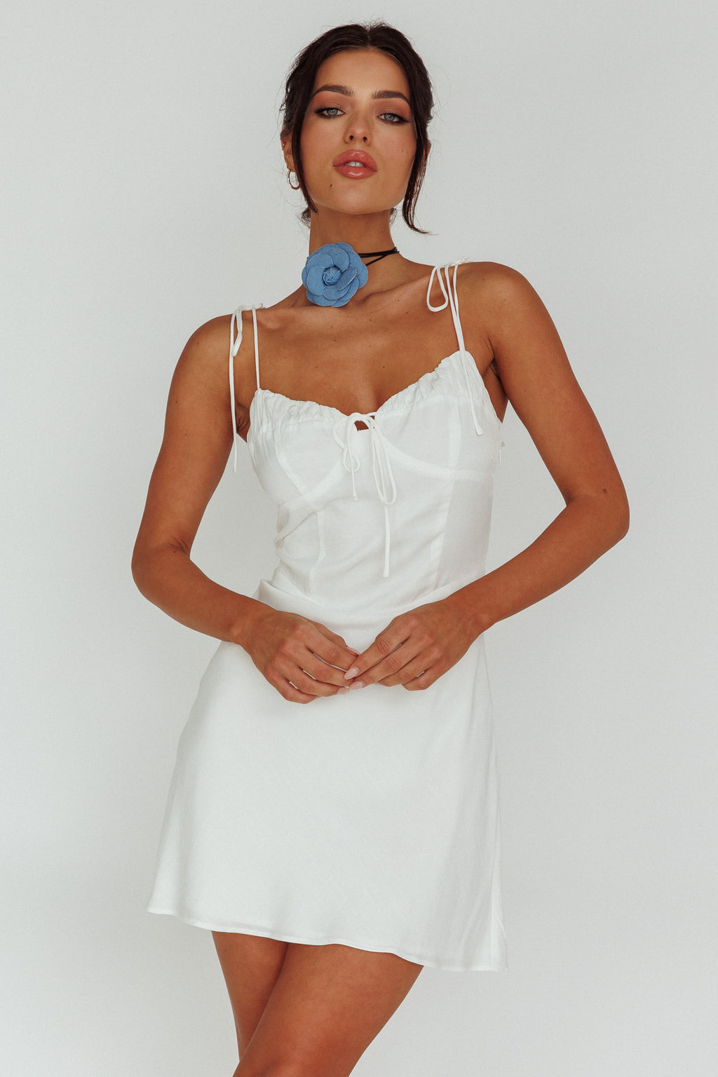 Heavenly Feels Tied Shoulder Mini Dress White by Selfie Leslie Australia