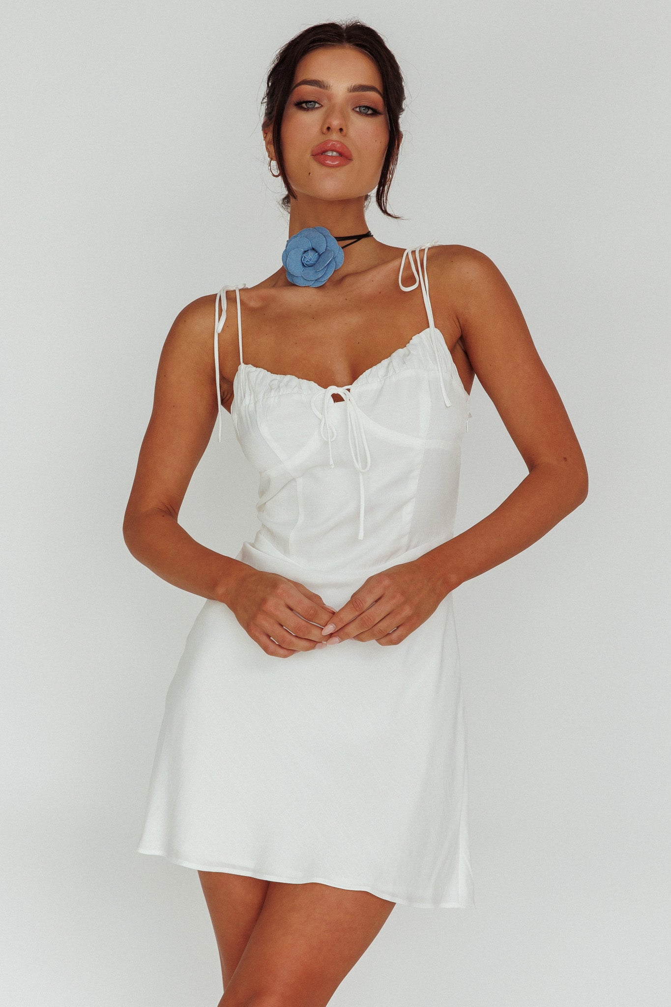 Heavenly Feels Tied Shoulder Mini Dress White by Selfie Leslie Australia