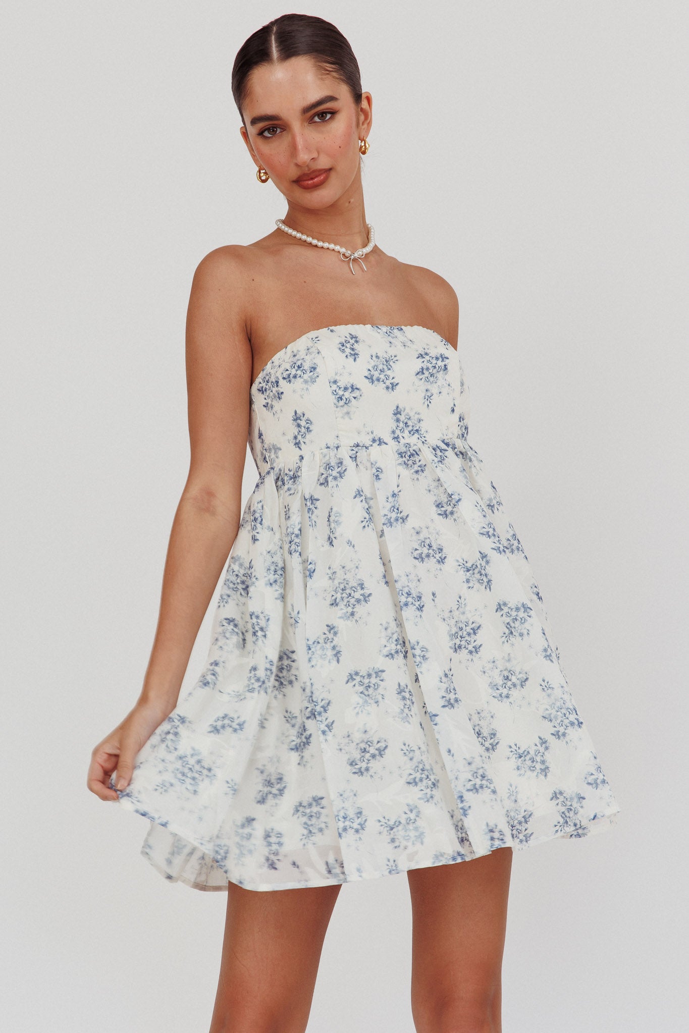 Vitoria Strapless Babydoll Dress Floral Blue by Selfie Leslie Australia