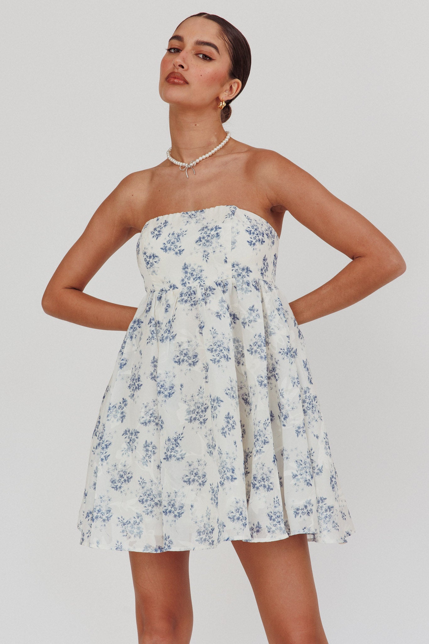 Vitoria Strapless Babydoll Dress Floral Blue by Selfie Leslie Australia
