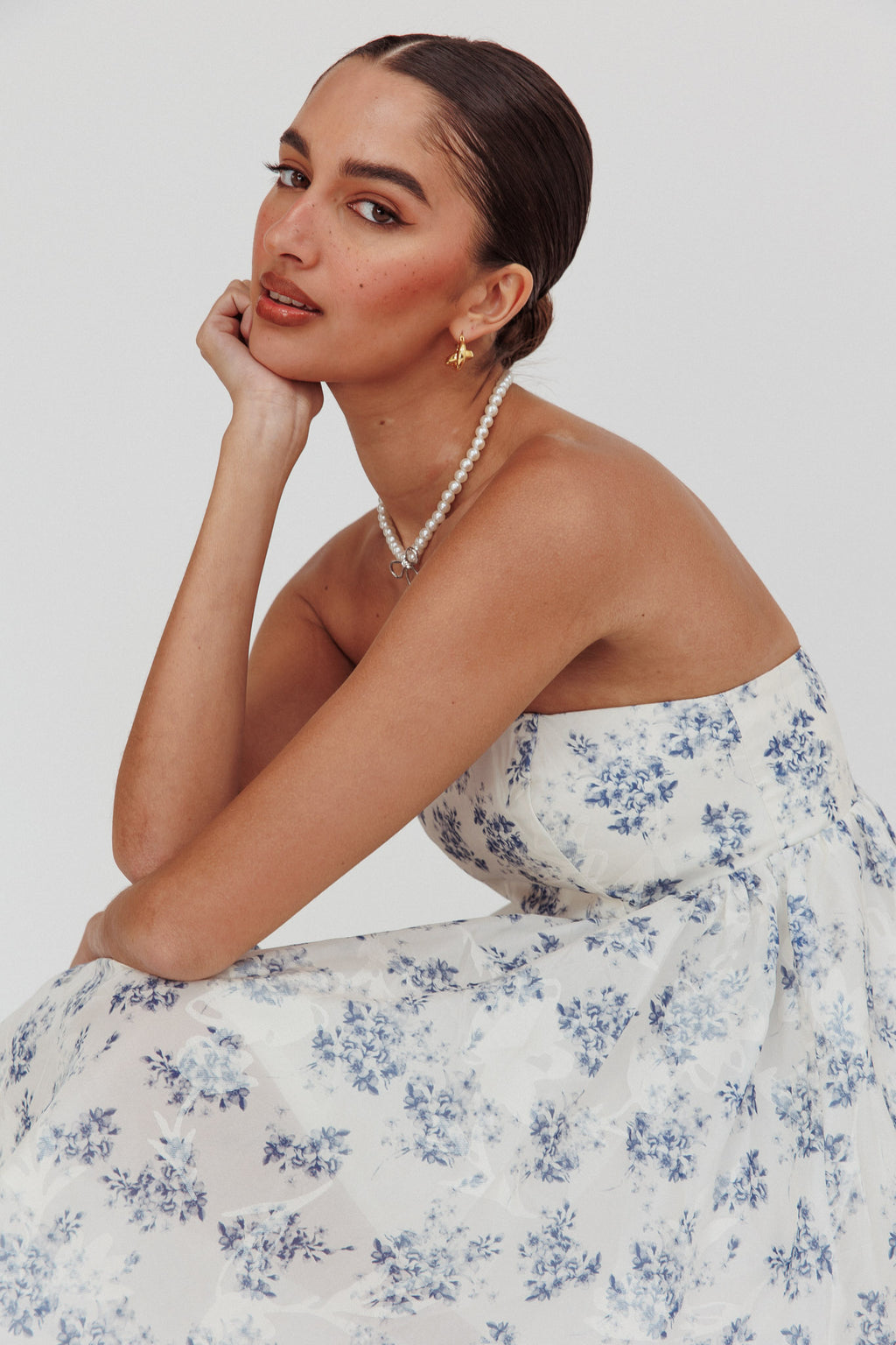 Vitoria Strapless Babydoll Dress Floral Blue by Selfie Leslie Australia