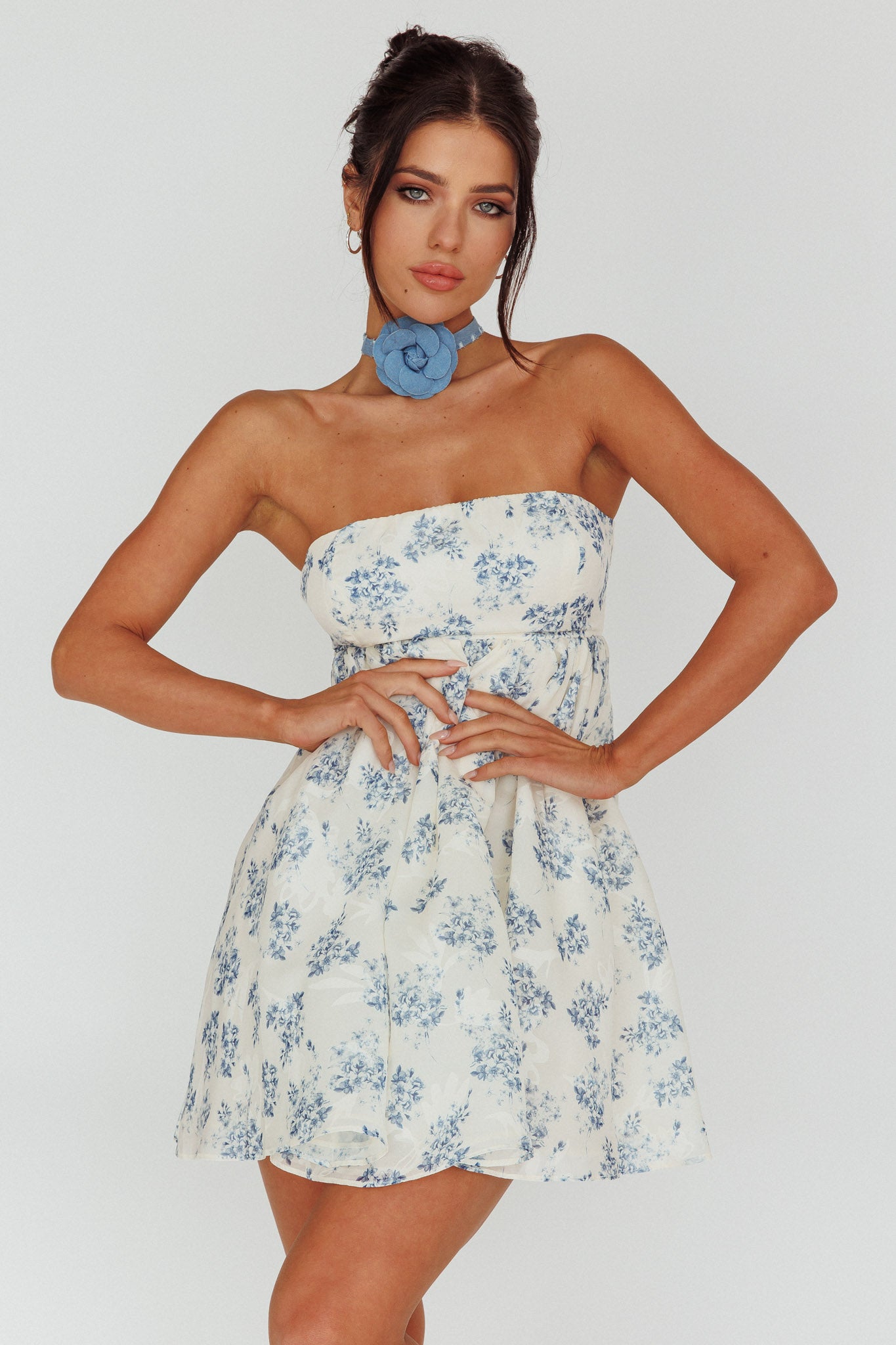 Vitoria Strapless Babydoll Dress Floral Blue by Selfie Leslie Australia