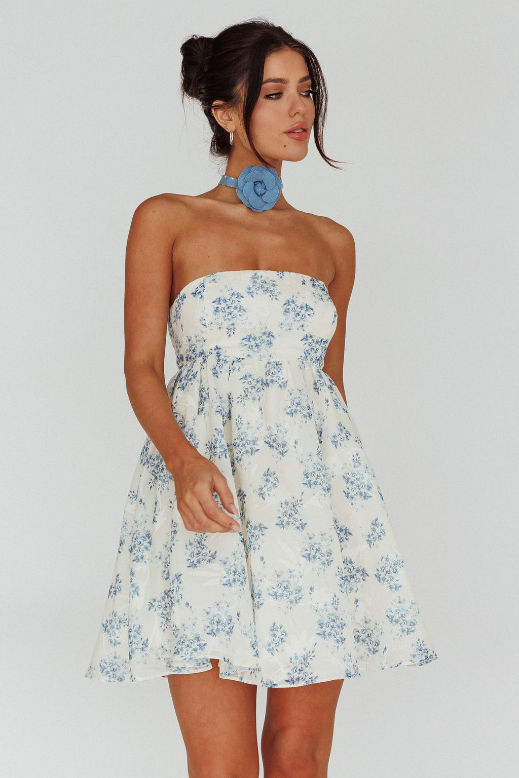 Vitoria Strapless Babydoll Dress Floral Blue by Selfie Leslie Australia