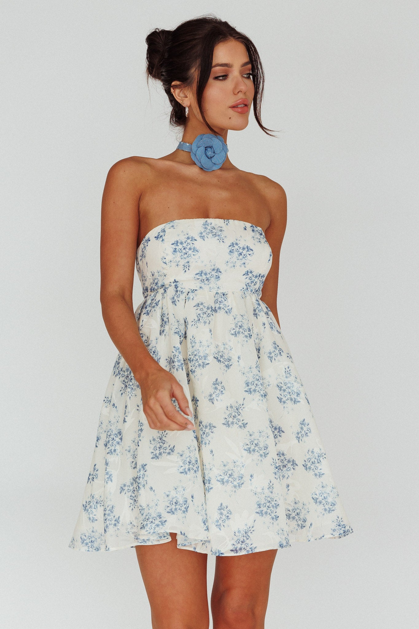 Vitoria Strapless Babydoll Dress Floral Blue by Selfie Leslie Australia