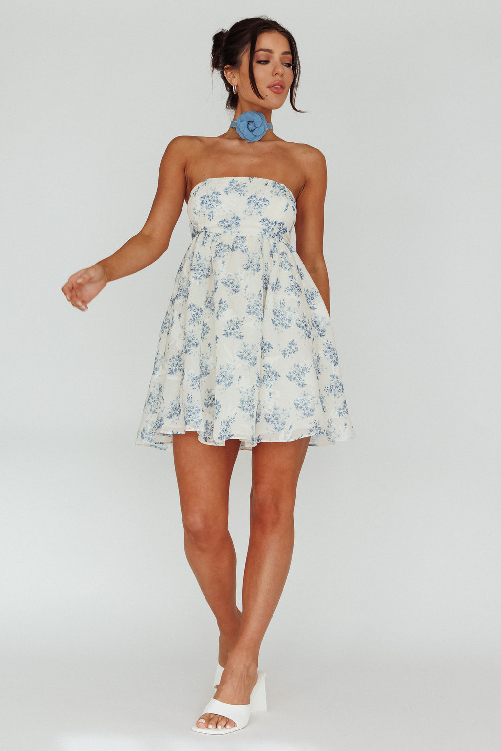 Vitoria Strapless Babydoll Dress Floral Blue by Selfie Leslie Australia