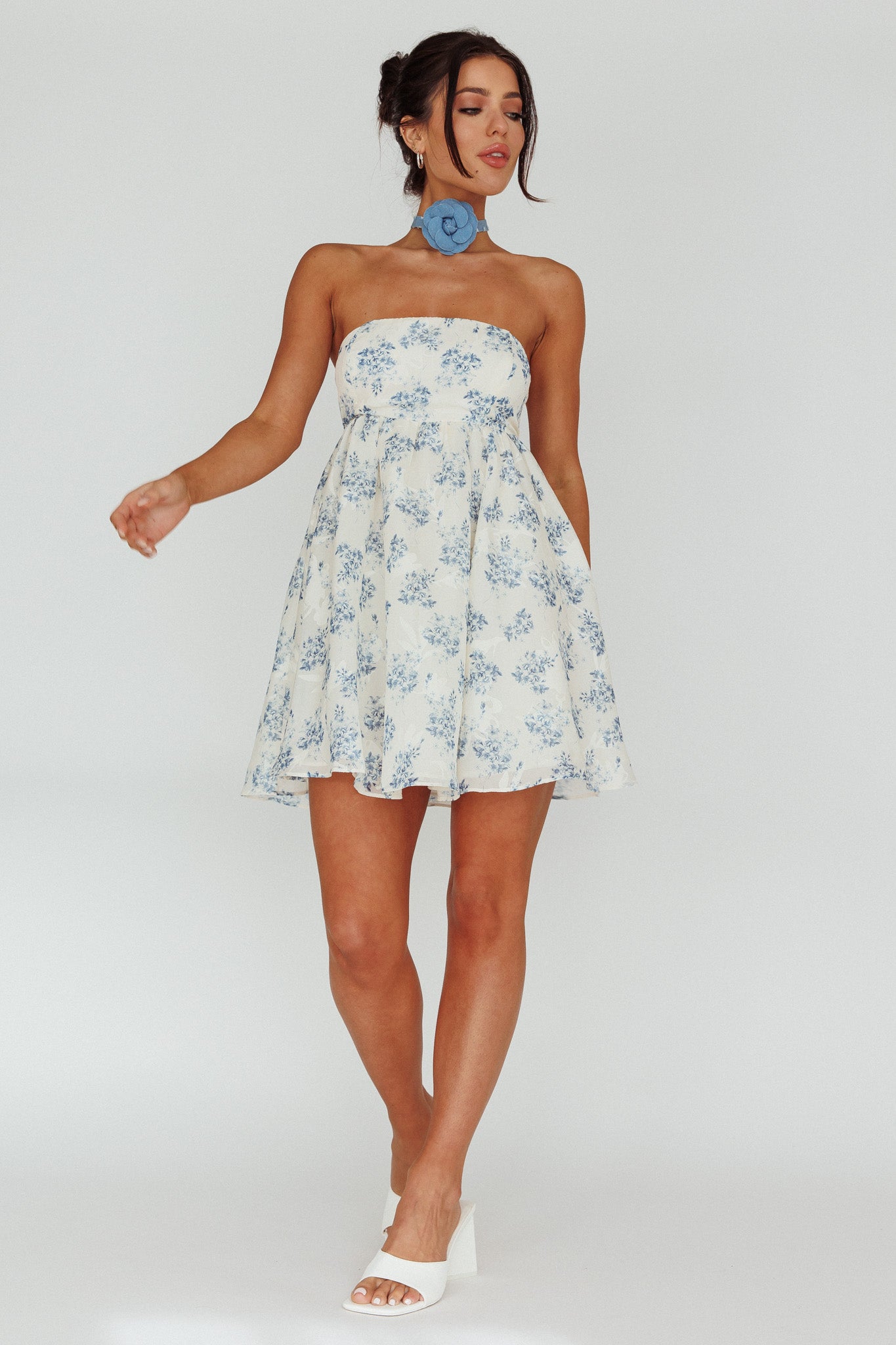 Vitoria Strapless Babydoll Dress Floral Blue by Selfie Leslie Australia