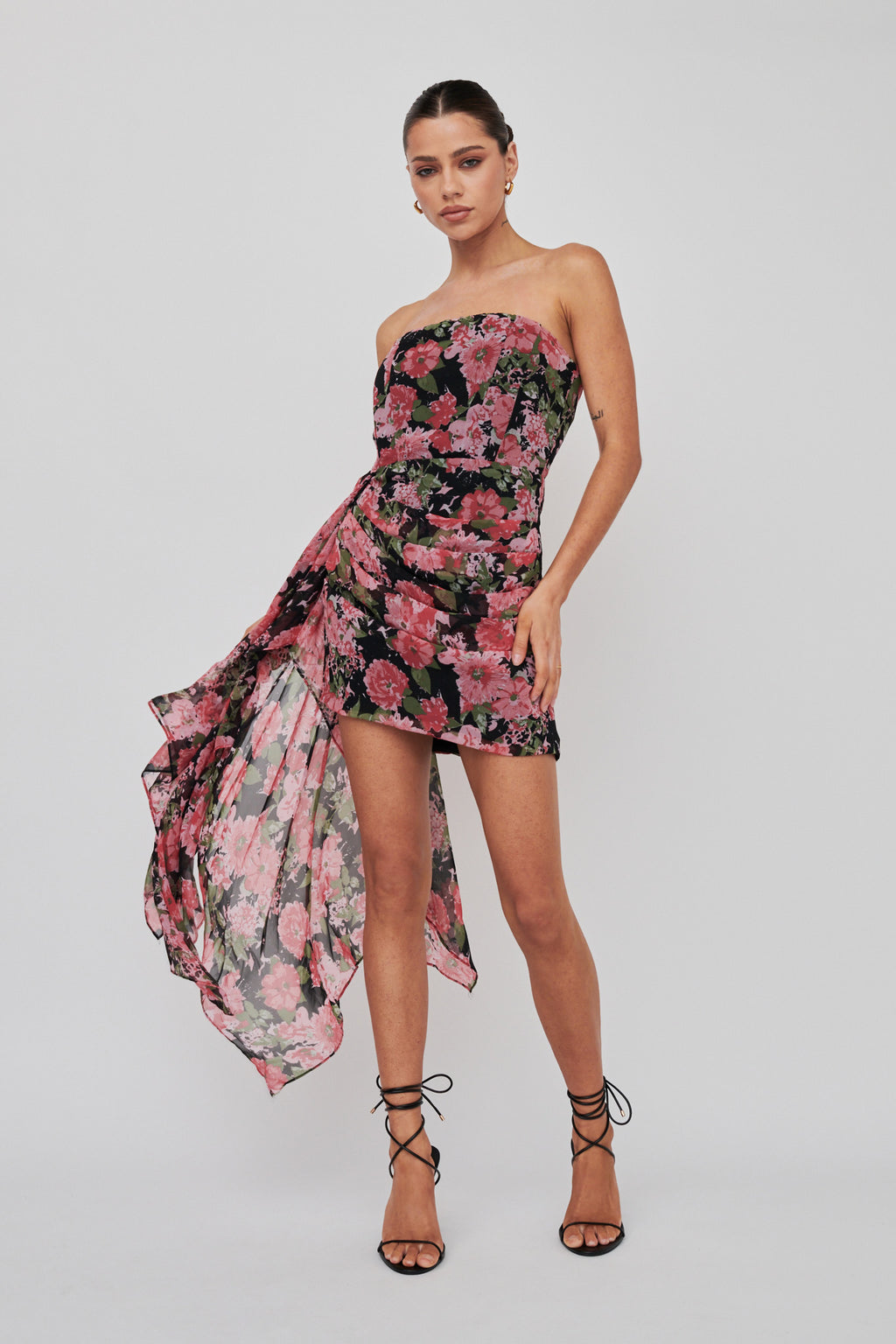 Midnight Sun Strapless Waist Sash Mini Dress Floral Black by Selfie Leslie Australia