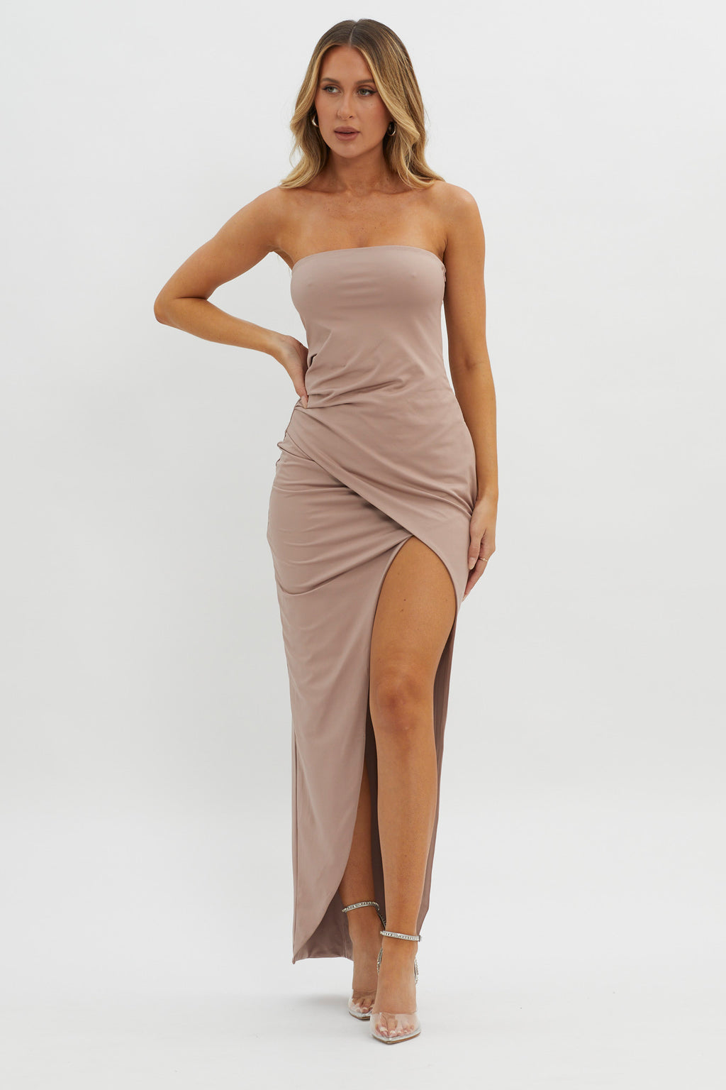 Evette Strapless Split Maxi Dress Tawny by Selfie Leslie Australia