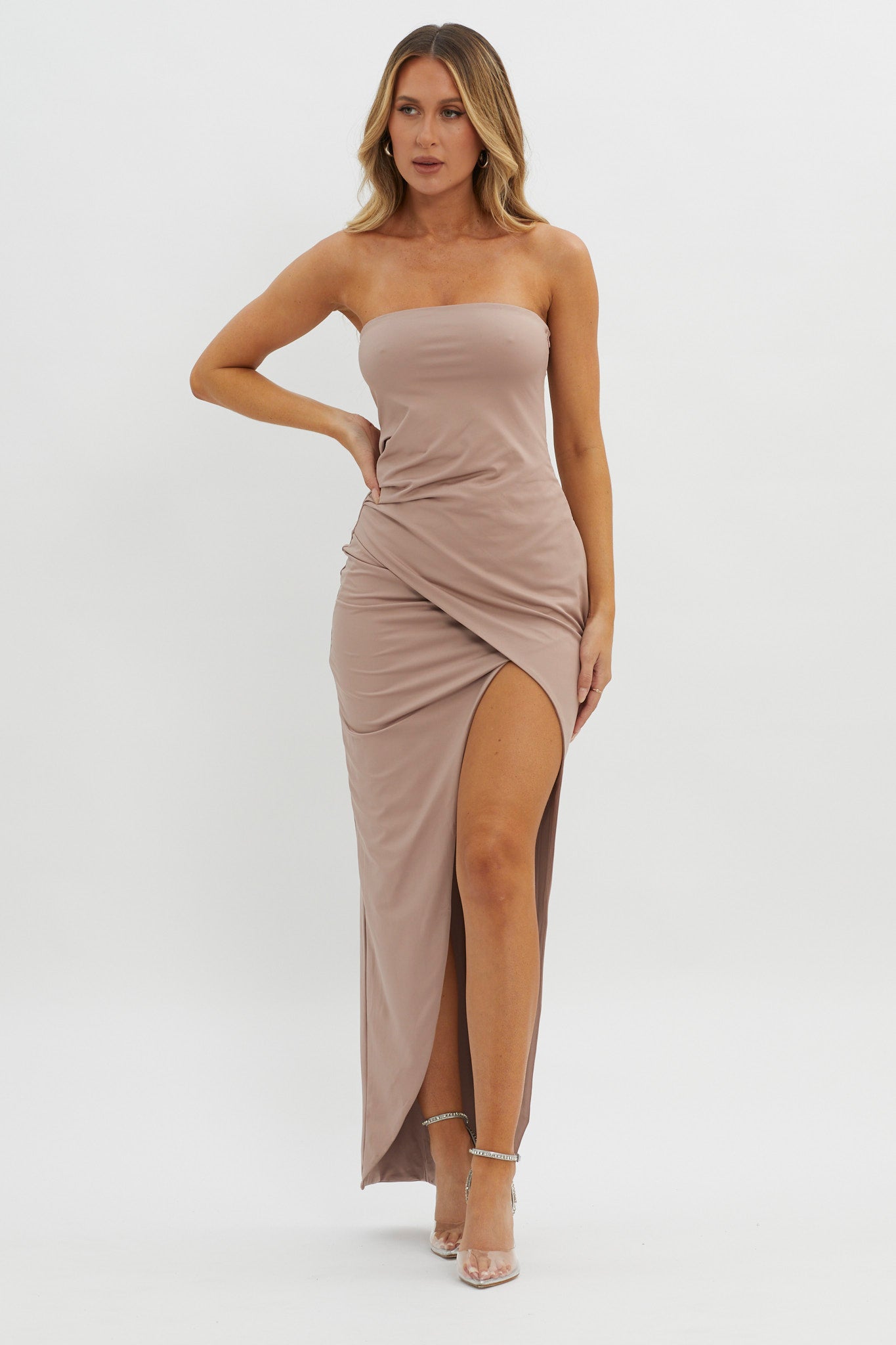 Shop the Evette Strapless Split Maxi Dress Tawny