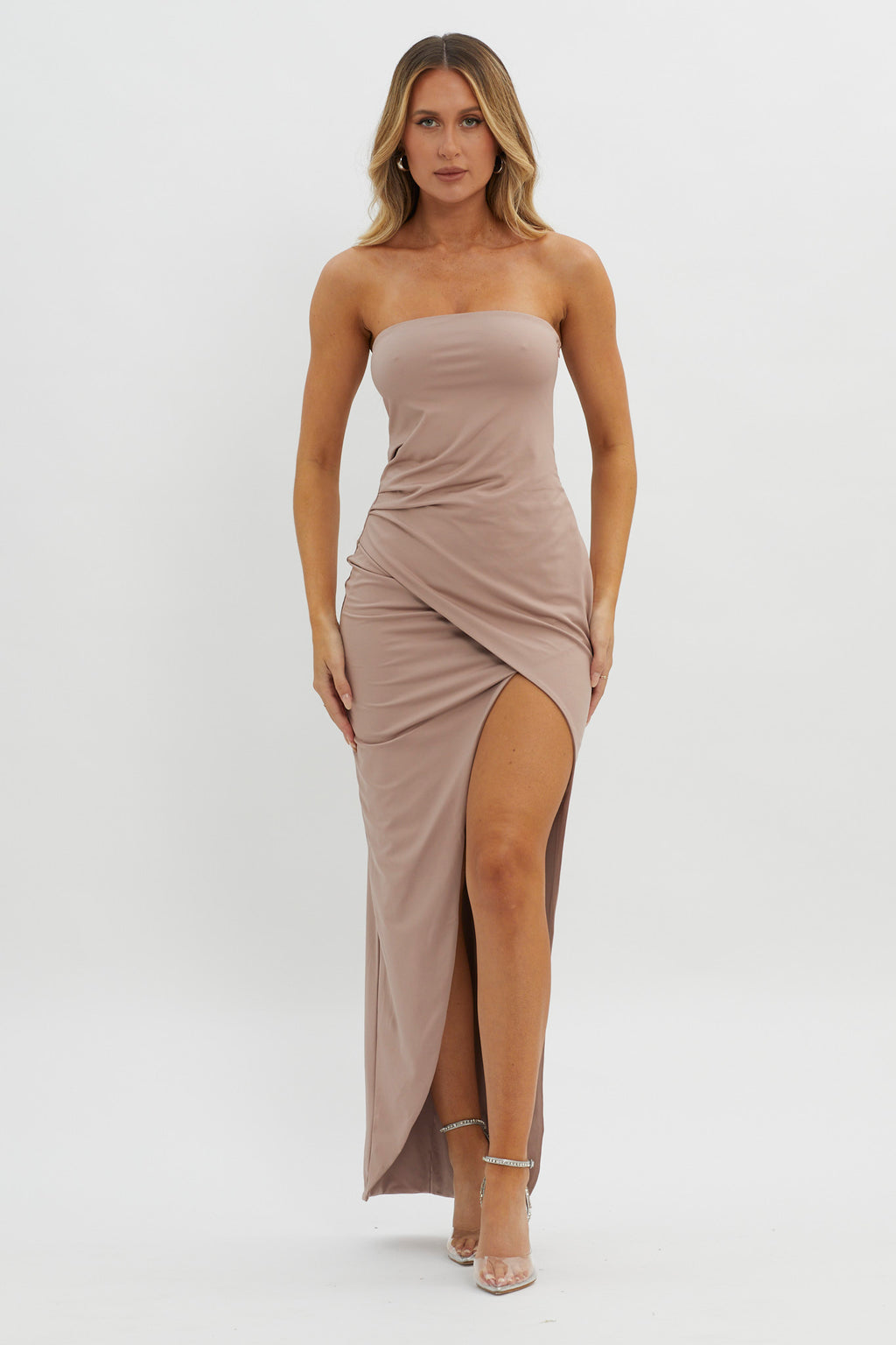 Evette Strapless Split Maxi Dress Tawny by Selfie Leslie Australia