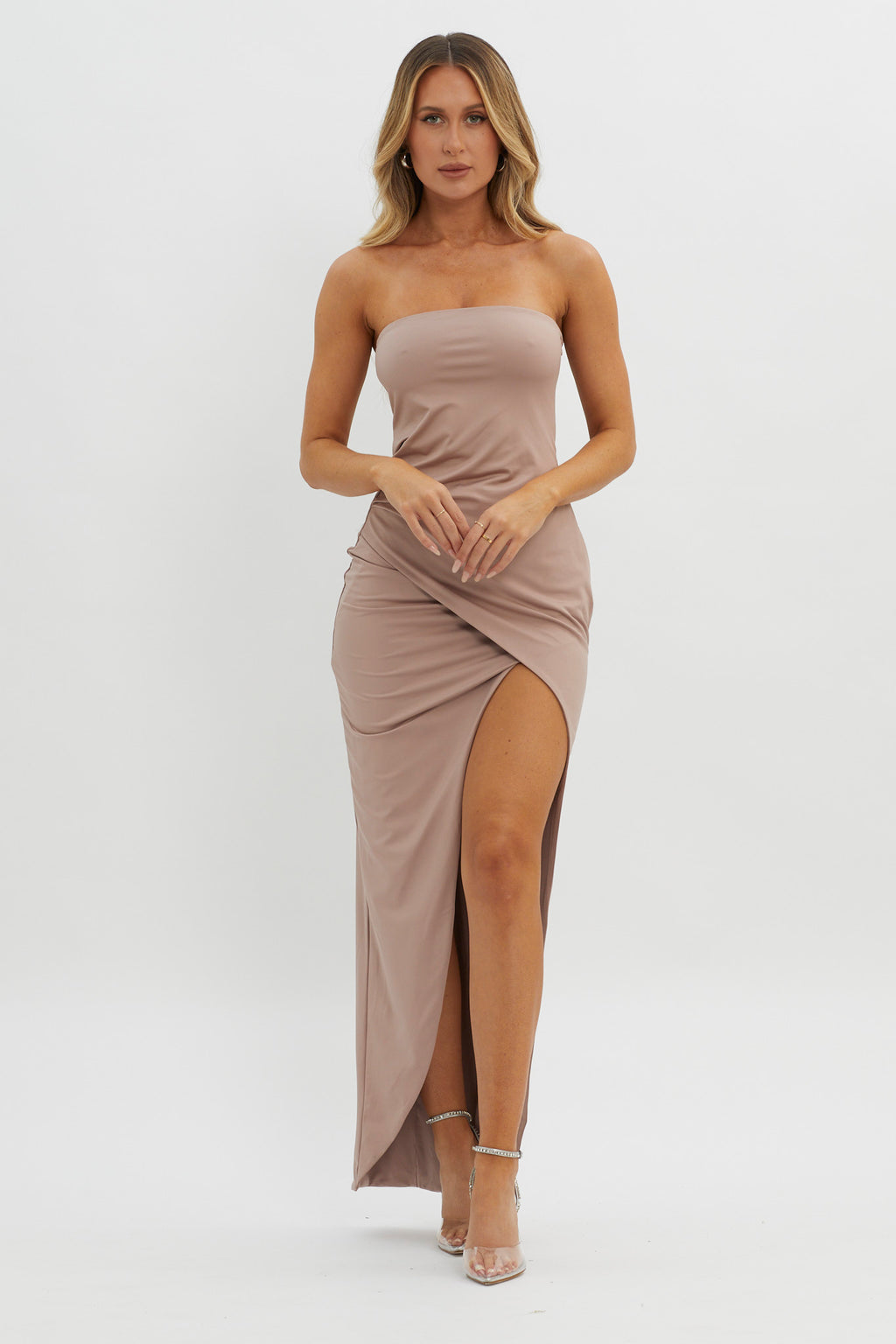 Evette Strapless Split Maxi Dress Tawny by Selfie Leslie Australia