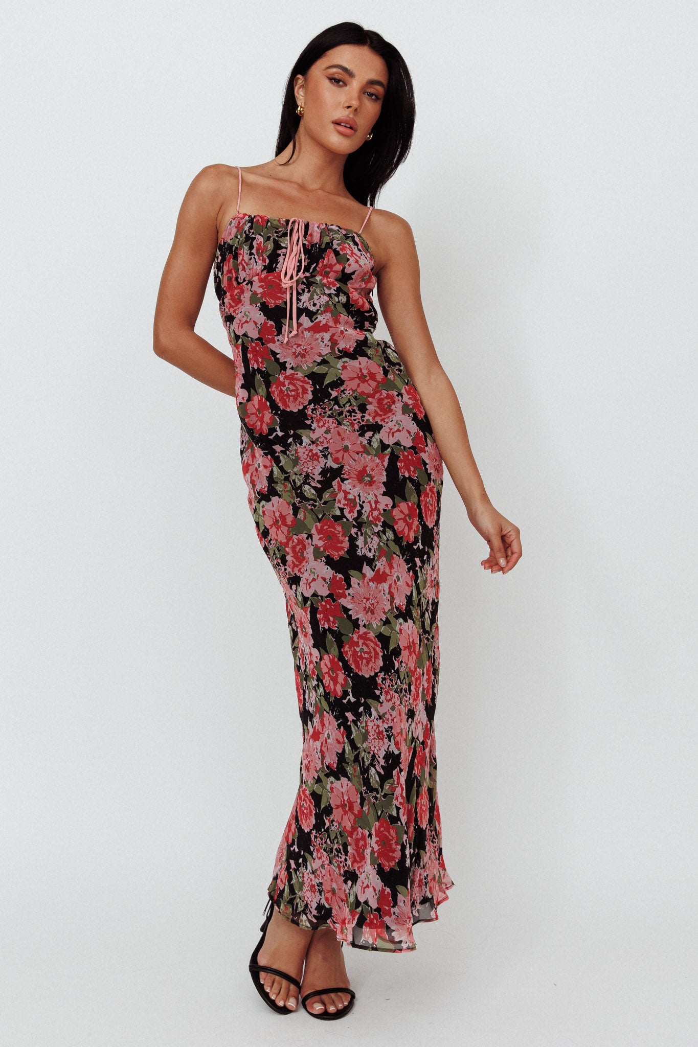 Essence String Tie Bust Maxi Dress Floral Black by Selfie Leslie Australia