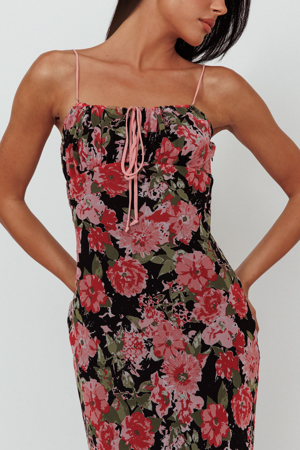 Essence String Tie Bust Maxi Dress Floral Black by Selfie Leslie Australia