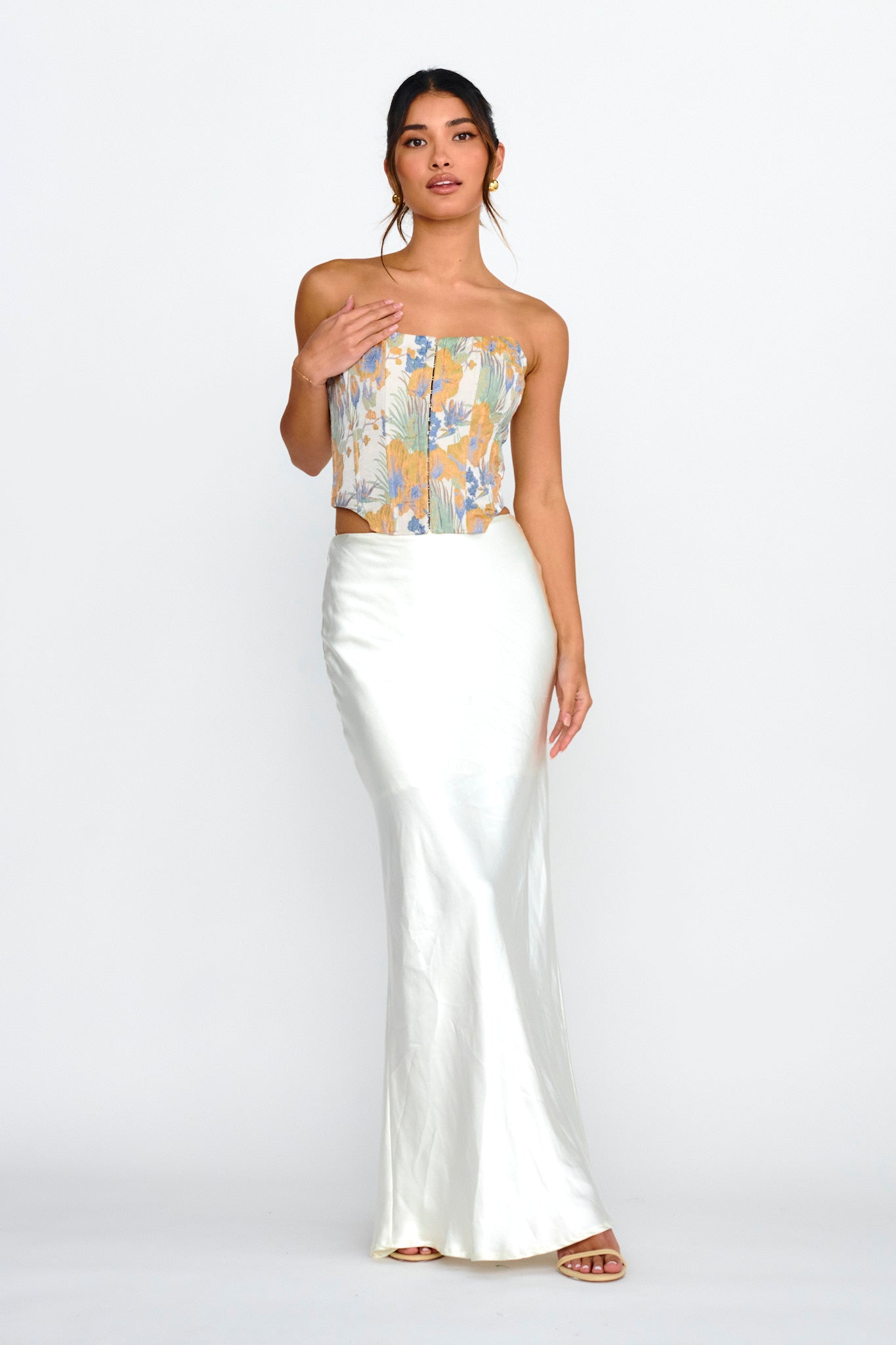 First Date Feels Corset Crop Top Floral Tan by Selfie Leslie Australia